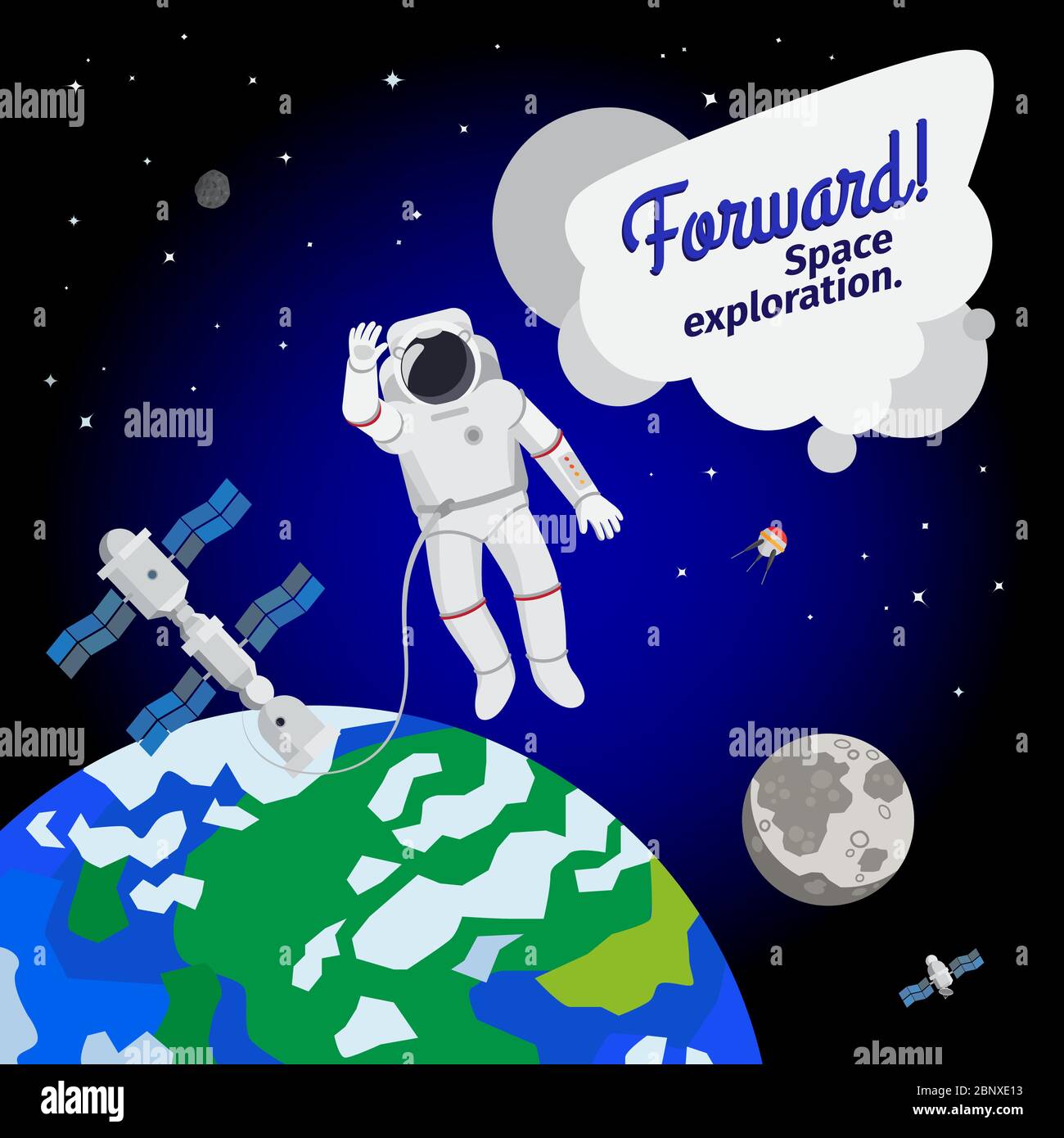 Astronaut schwimmend im Weltraum mit der Erde und Raumschiff Vektor-Illustration Stock Vektor