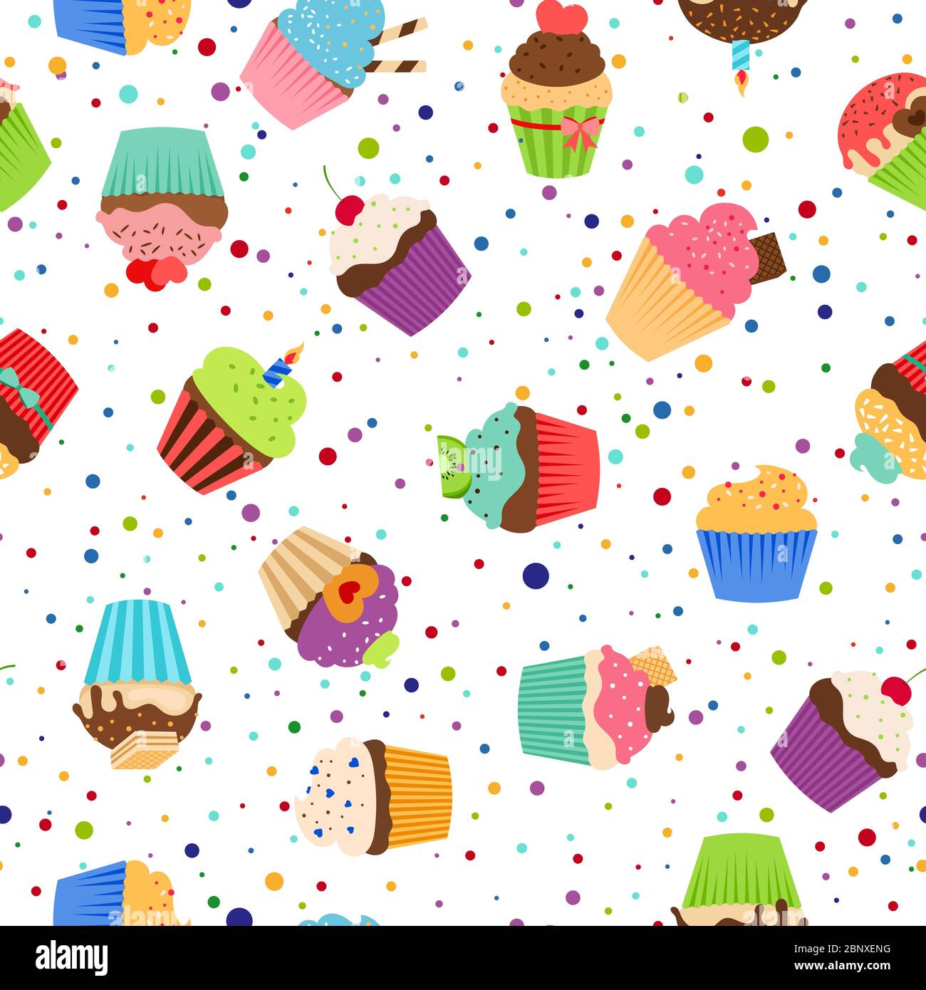 Buntes Muster mit süßen Cupcakes auf gepunktetem weißem Hintergrund. Vektorgrafik Stock Vektor