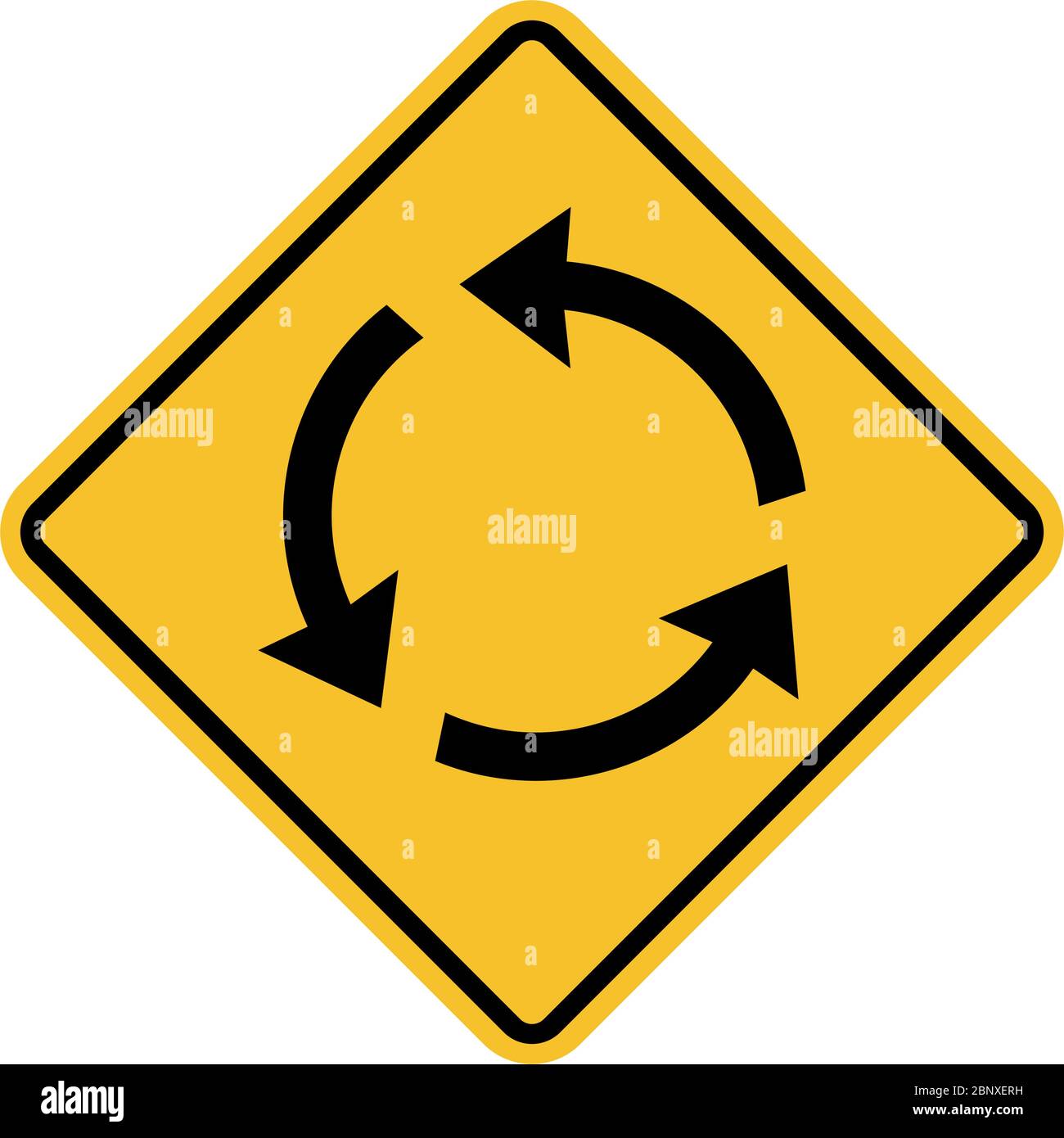 Kreisverkehr. Verkehrsregeln und Sicherheit. Schwarz auf gelbem Hintergrund. Perfekt für Hintergründe, Geschäftskonzepte, Hintergrund, Banner, Label, Aufkleber, p Stock Vektor