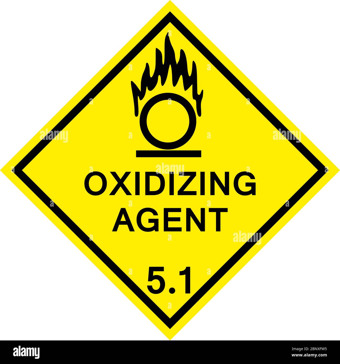 Warnschild für Oxidationsmittel. Gefahrgutplakate der Klasse 5.1. Schwarz auf gelbem Hintergrund. Stock Vektor