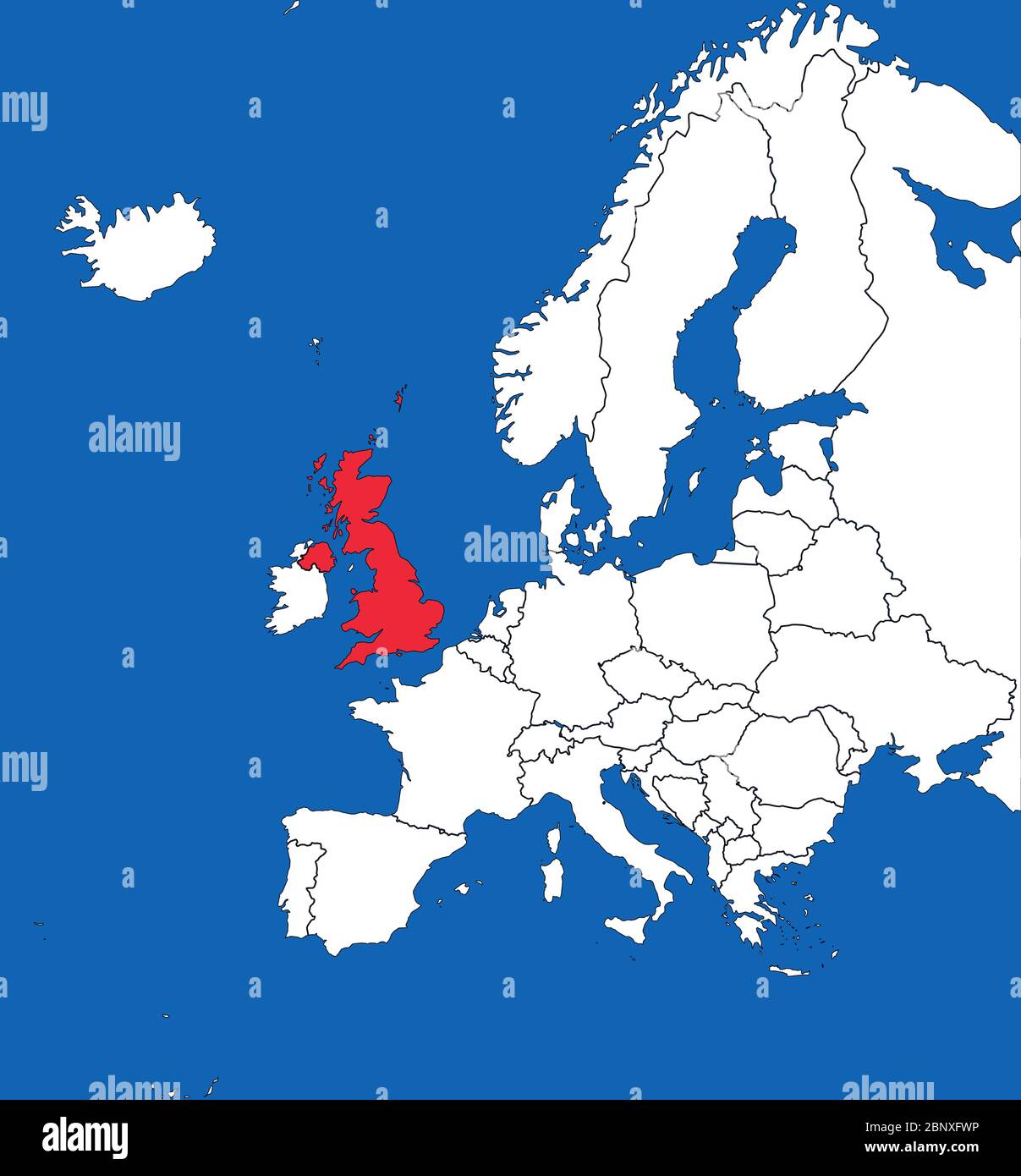 Vereinigtes Königreich auf der europakarte hervorgehoben. Blauer Meereshintergrund. Perfekt für Hintergründe, Hintergrund, Aufkleber, Banner, Etikett, Poster, Diagramm und Tapete. Stock Vektor
