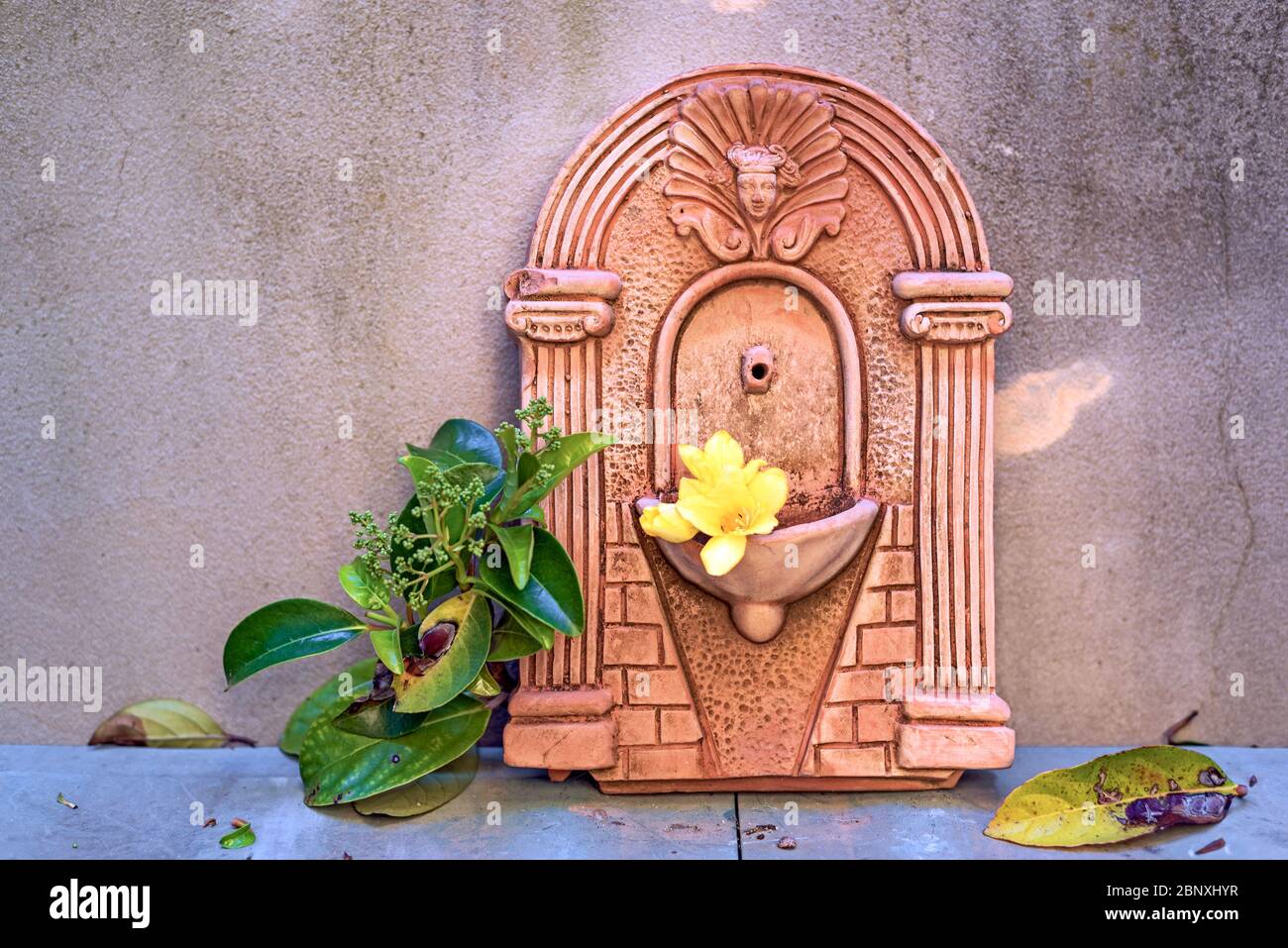 Der Terrakotta-Brunnen im Garten zwischen Blättern und Blumen Stockfoto