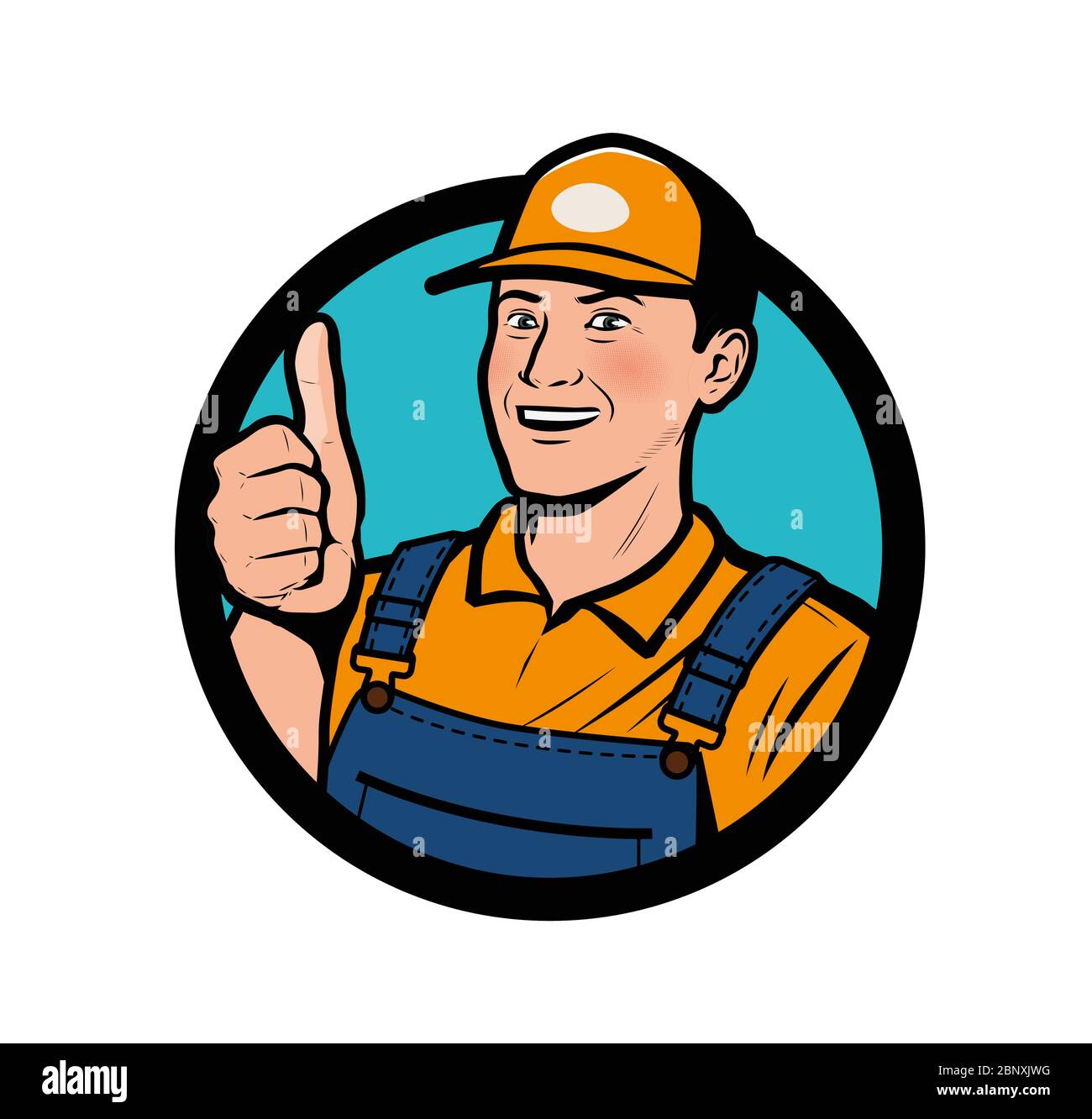 Service-Logo. Glücklicher Mann zeigt Daumen nach oben Vektor-Illustration Stock Vektor