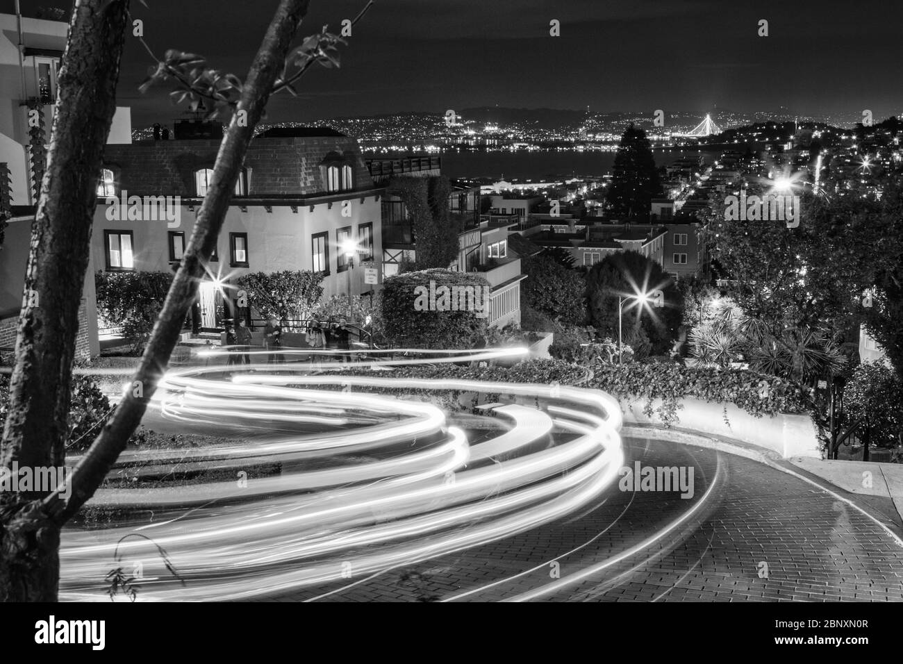 Lombard Street in San Francisco Kalifornien. Schwarz-Weiß-Nachtaufnahme mit Autolicht-Trails. Stockfoto