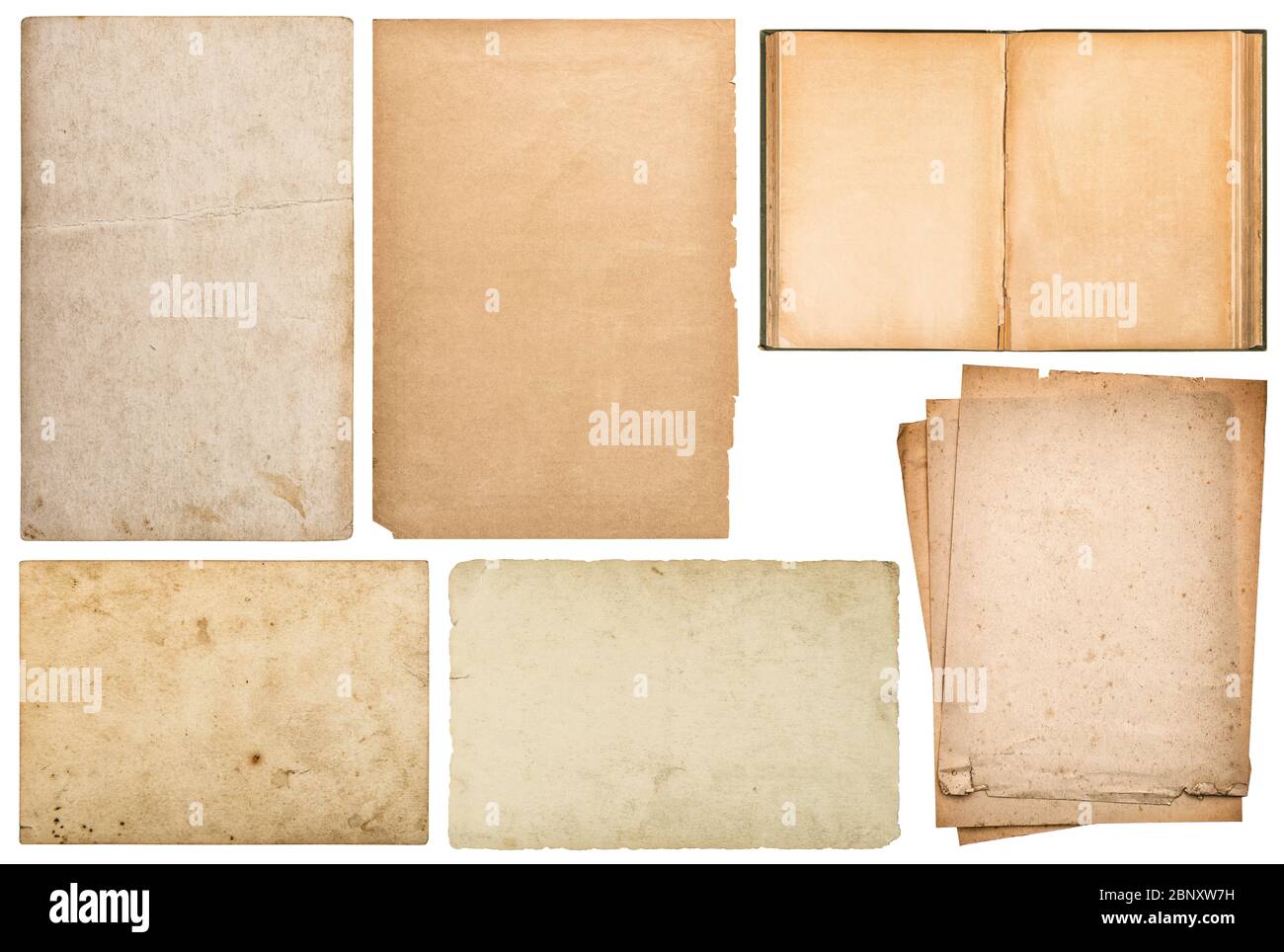 Papierbogen, Buch, Karton isoliert auf weißem Hintergrund. Set von Scrapbook-Objekten Stockfoto