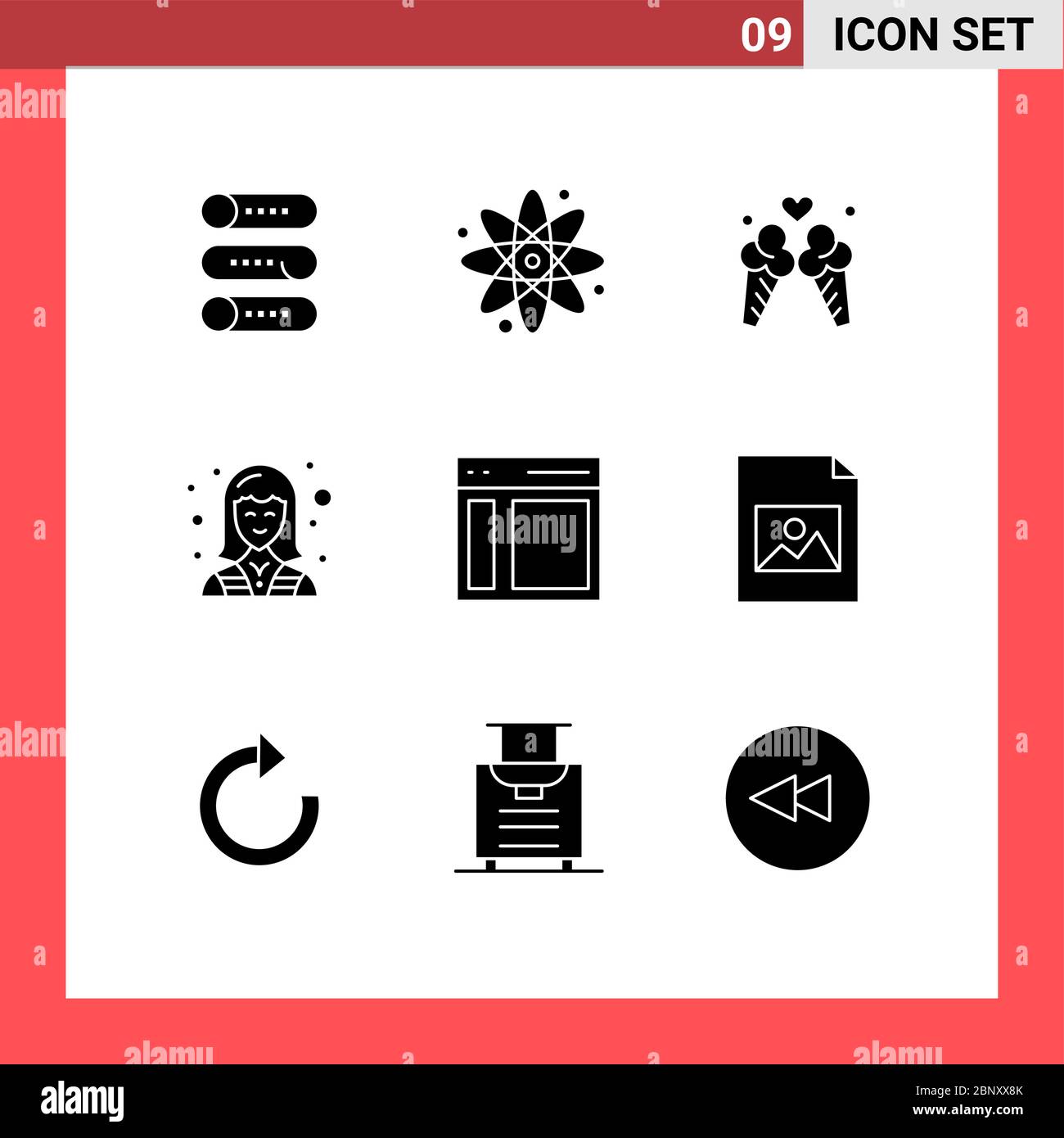 Solid Glyph Packung mit 9 Universal Symbole der Kommunikation, Techniker, Eis, weiblich, kommerzielle editierbare Vektor Design-Elemente Stock Vektor