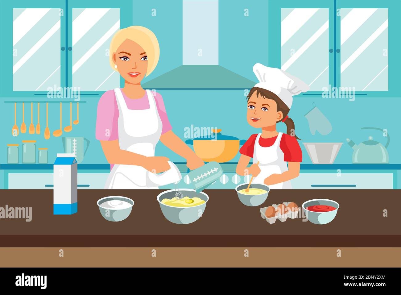 Mutter und Tochter kochen in der Küche. Mutter und Kind zusammen backen. Die Frau mischt Sahne und das Mädchen mischt den Teig mit einem Löffel Stock Vektor