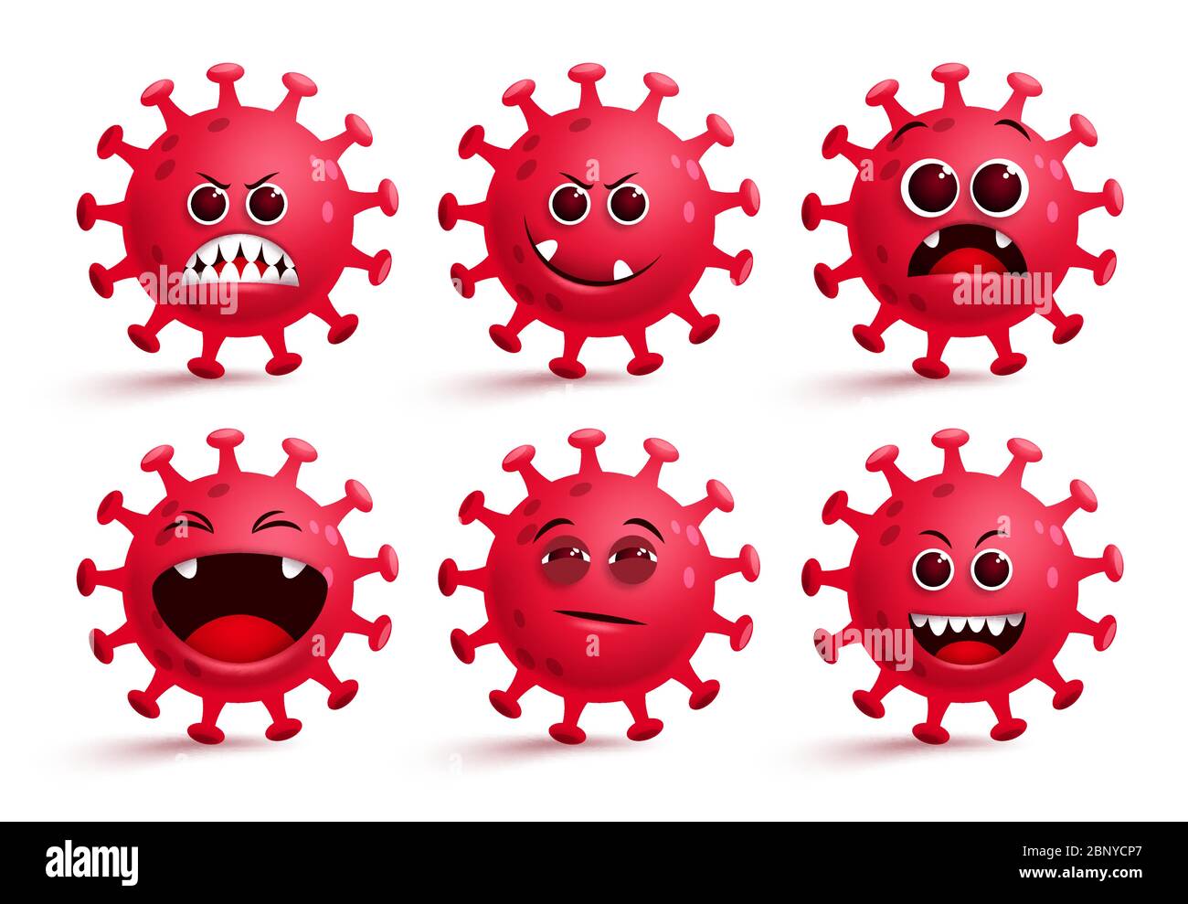 Coronavirus Covid-19 Emoji-Vektor-Set. Covid19 ncov Virus Smileys Emoji mit roten gruseligen, überraschenden und frechen Gesichtsausdrücken für globale Pandemie. Stock Vektor