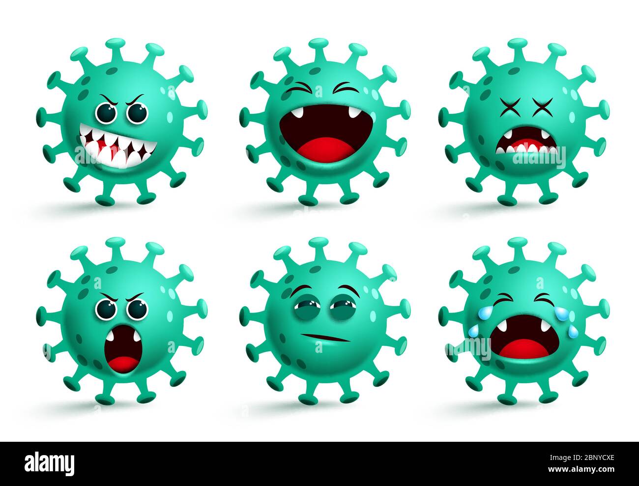 Covid-19 Coronavirus Emoji-Vektorset. Coronavirus covid19 Smileys Emoticon und Emojis mit glücklichen und überraschenden Gesichtsausdrücken isoliert. Stock Vektor