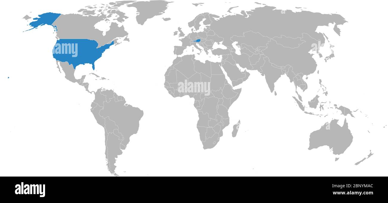 Österreich, USA Länder auf Weltkarte hervorgehoben. Hellgrauer Hintergrund. Geschäftskonzepte, Diplomatie, Handel, Verkehrsbeziehungen. Stock Vektor