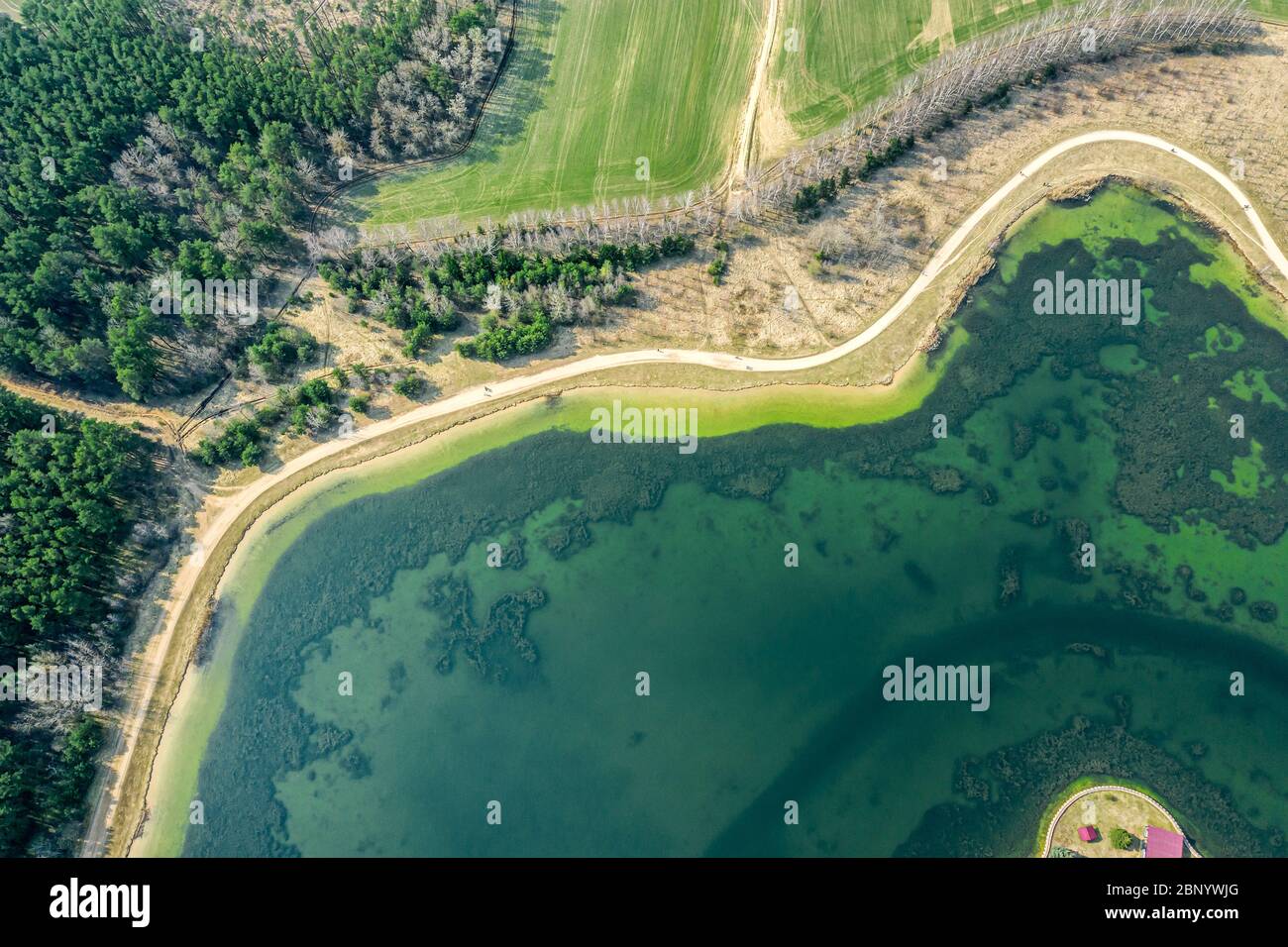Malerische Frühlingslandschaft Blick von fliegenden Drohne des Sees und Fußgänger-Pfad, der entlang läuft Stockfoto