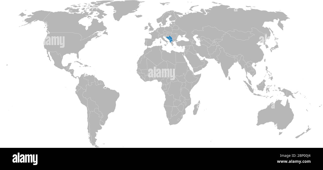 Die Länder des europäischen Westbalkans sind auf der Weltkarte hervorgehoben. Hellgrauer Hintergrund. Regionale, politische Beziehungen. Stock Vektor