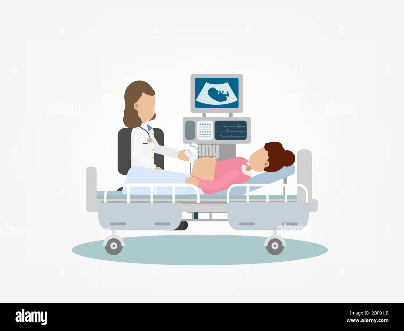 Gynäkologe tun Ultraschall schwangere Frau flach Design Vektor Illustration Stock Vektor