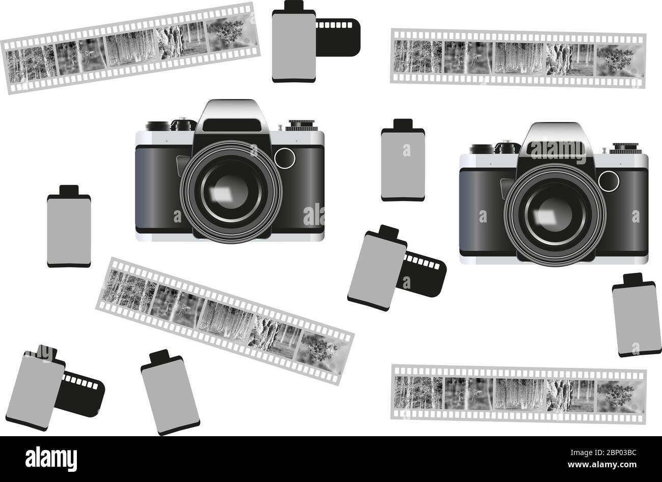 Analogkamera, 35-mm-Filmrolle und Schwarzweiß-Negativ. Collage mit Fotoausrüstung. Retro-Fotografie. Monochrome Clipart eines zwanzigsten Jahrhunderts tec Stockfoto