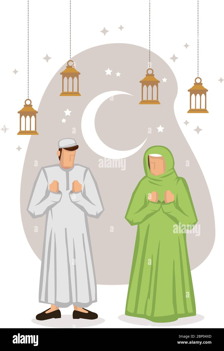Cartoon muslim Paar mit Halbmond, Sterne in einem weißen Hintergrund. Ramadan Fasten oder Hari Raya Festival Konzept. Abbildung des flachen Vektors. Stock Vektor