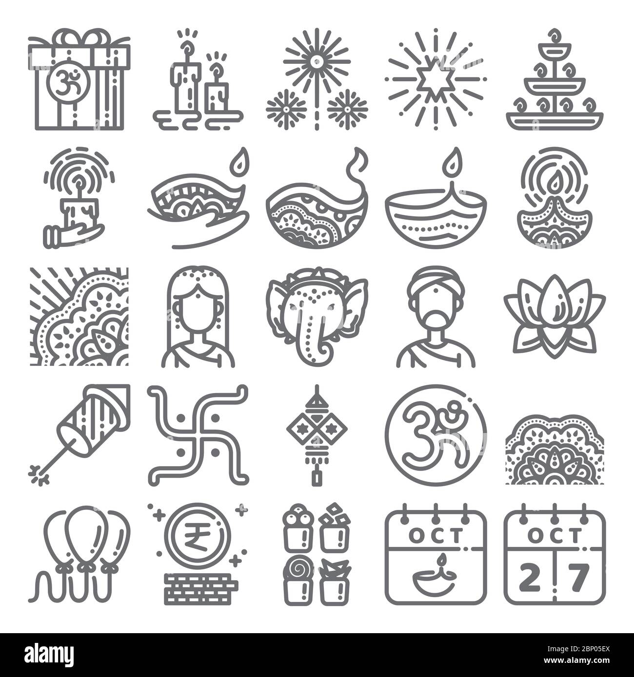 Diwali Symbol gesetzt. Linie Kunst Ikone für Deepavali Festival feiern, hinduismus, Indien, Hindu. Design von Symbolen mit 48 Pixeln. Stock Vektor