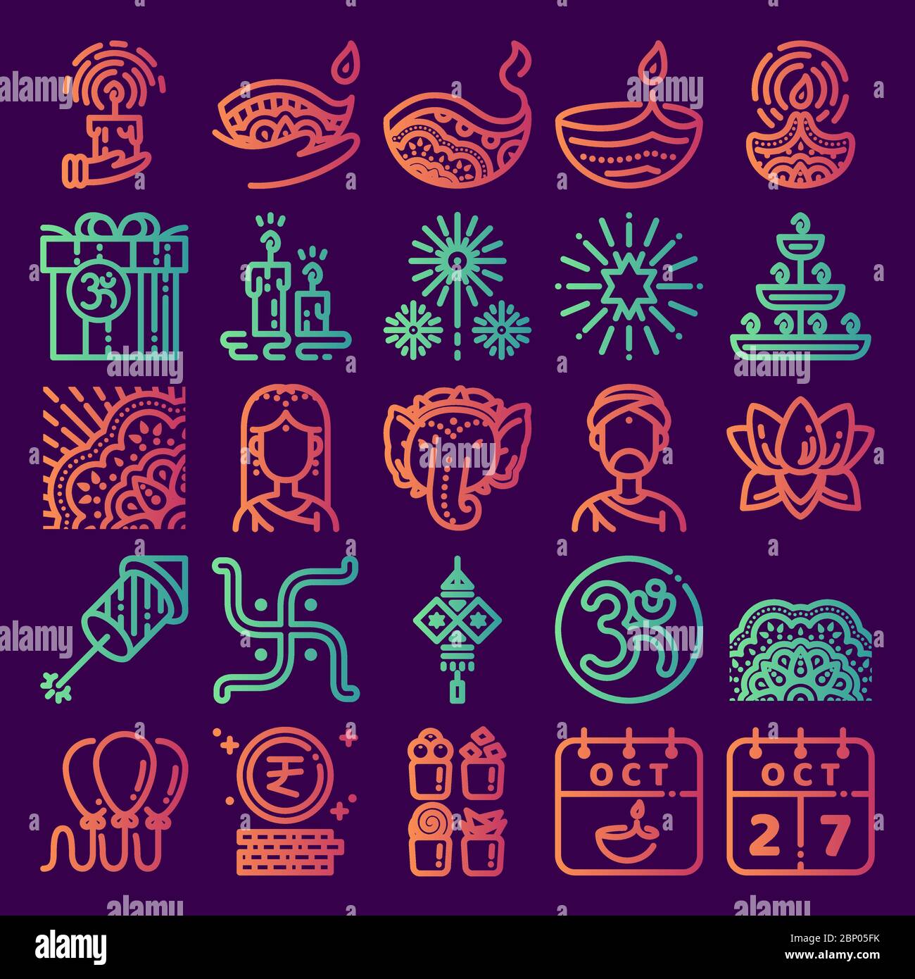 Diwali Symbol gesetzt. Linie Kunst Ikone für Deepavali Festival feiern, hinduismus, Indien, Hindu. Design von Symbolen mit 48 Pixeln. Farbverlauf. Stock Vektor