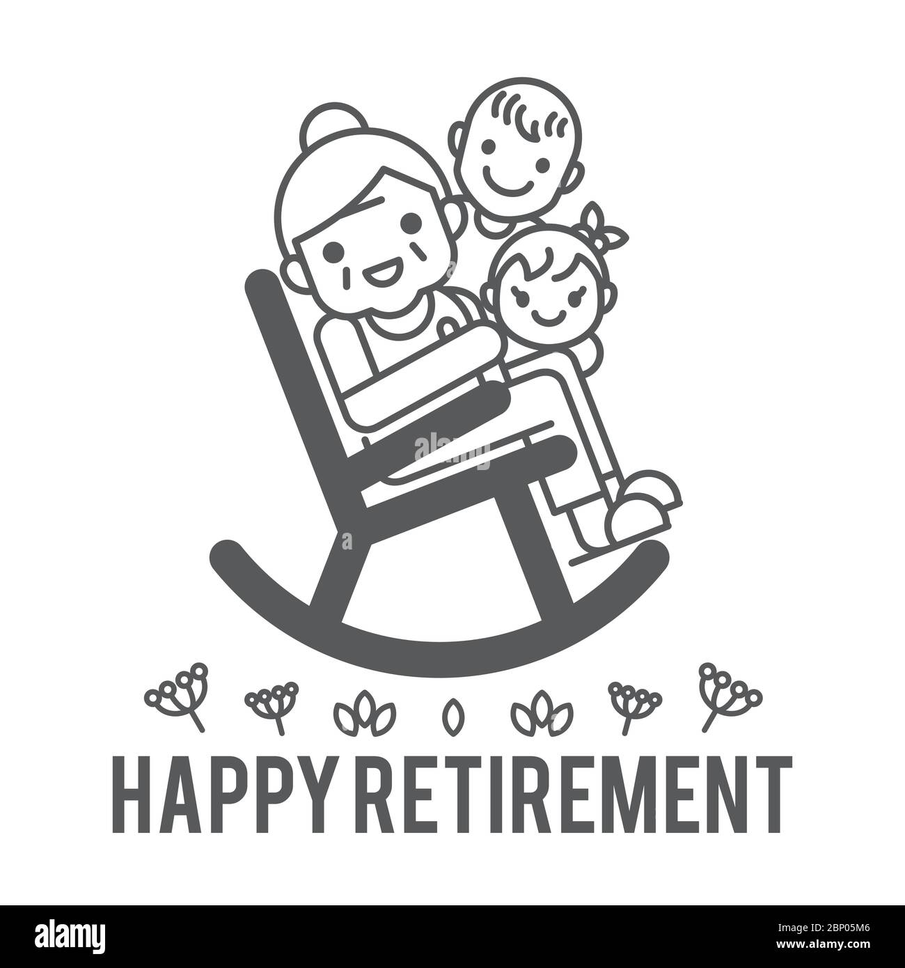 Glückliche Ruhestand Vektor-Illustration. Eine Großmutter sitzt auf Schaukelstuhl mit Jungen und Mädchen. Flaches Design. Stock Vektor