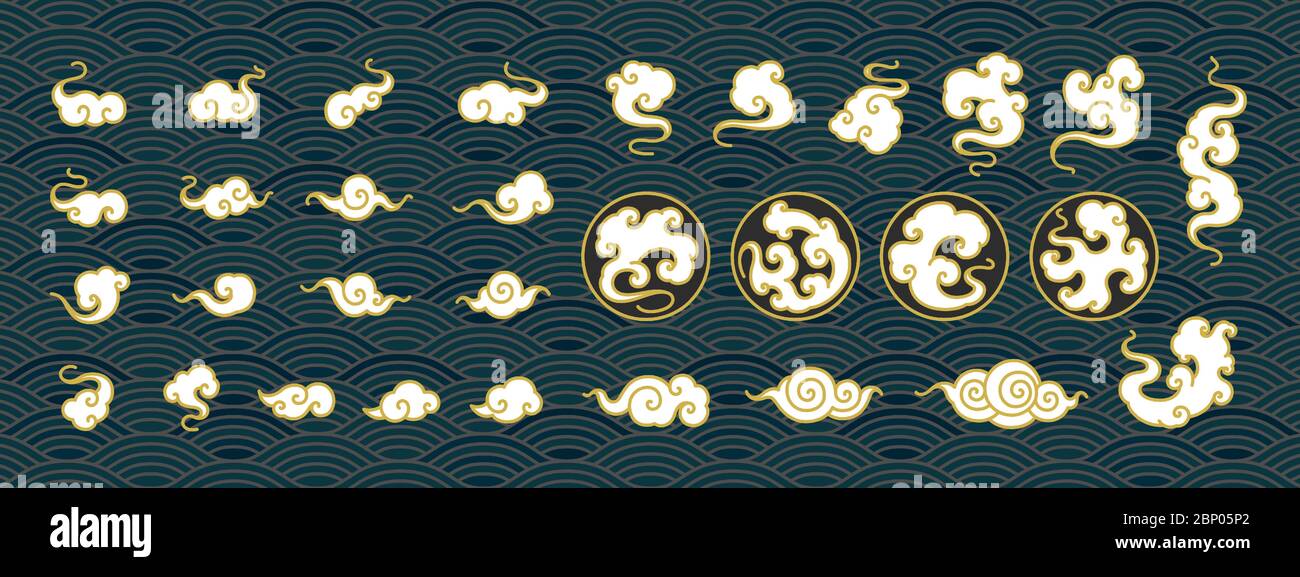 Sammlung chinesischer Wolken. Orientalische Stil und Wolke im Kreis Form Symbol und verschiedene Form Vektor auf chinesischen Wellen nahtlosen Hintergrund isoliert gesetzt. Stock Vektor