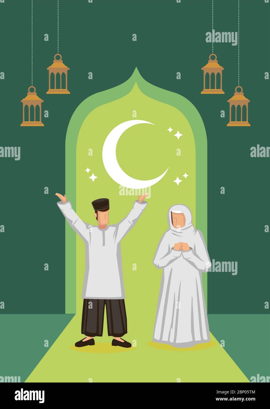 Cartoon muslim Paar mit Halbmond, Sterne in einem grünen Hintergrund. Ramadan Fasten oder Hari Raya Festival Konzept. Abbildung des flachen Vektors. Stock Vektor