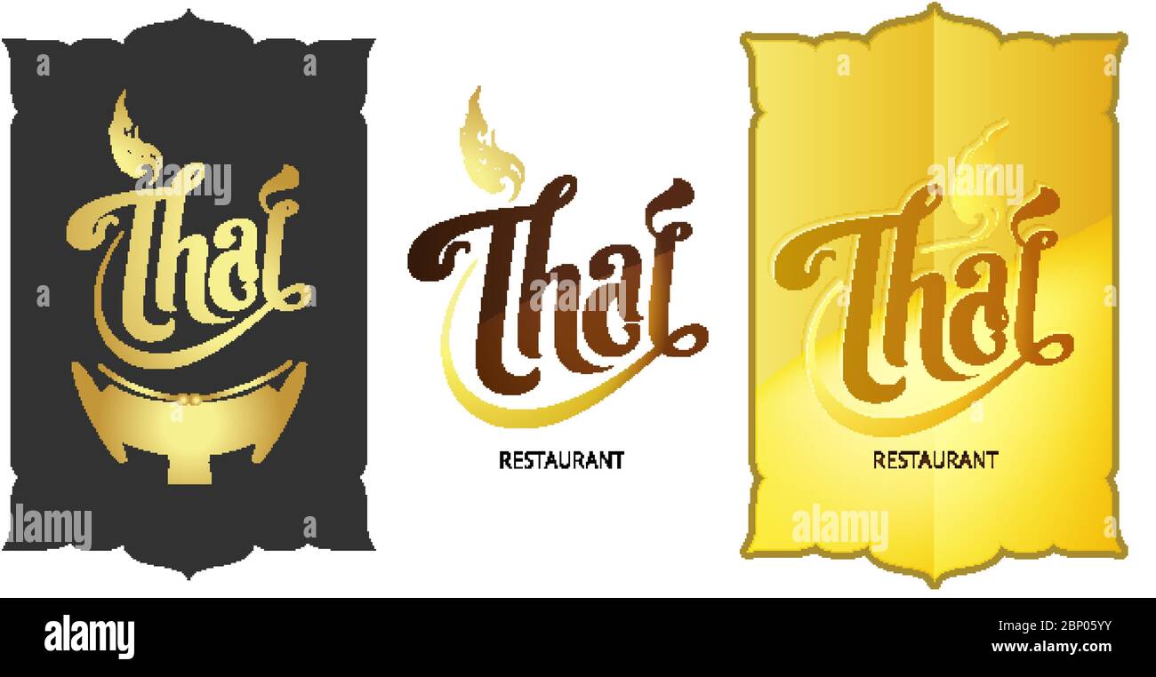 Typografie von Thai Konzept Logo.Schwarz, weiß, Gold Hintergrund mit Thai Art, Xylophon Symbol illustrieren. Design für Restaurant, Firma, Küche, Shop. Stock Vektor