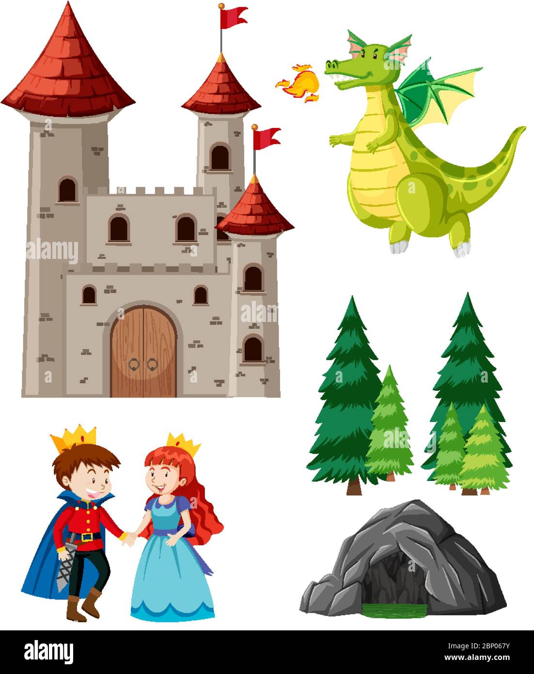 Märchen Set mit Drachen und Prinzessin auf weißem Hintergrund Illustration Stock Vektor