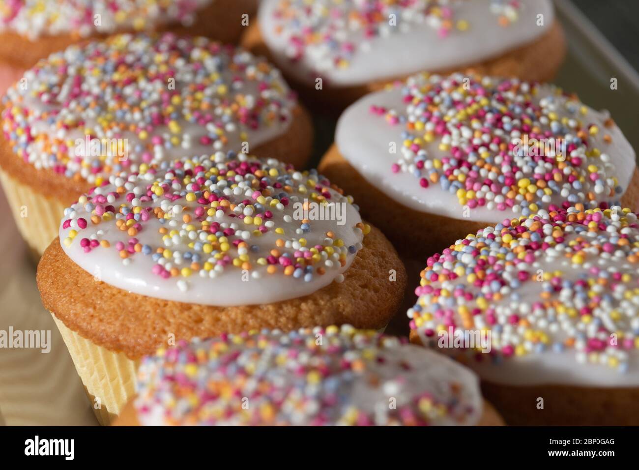 Iced Fee Kuchen in bunten Zucker Sprinlen bedeckt leicht über von der Seite gesehen. Stockfoto