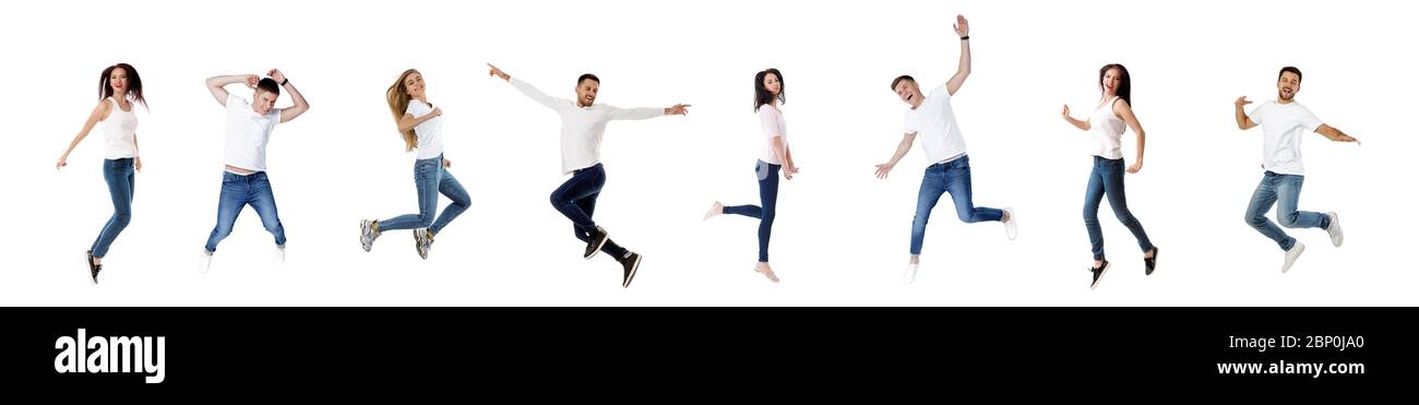Collage aus glücklichen unbeschwerten Millennials Menschen springen in der Luft isoliert auf weißem Hintergrund. Eine Gruppe junger lächelnder Menschen fliegt Stockfoto