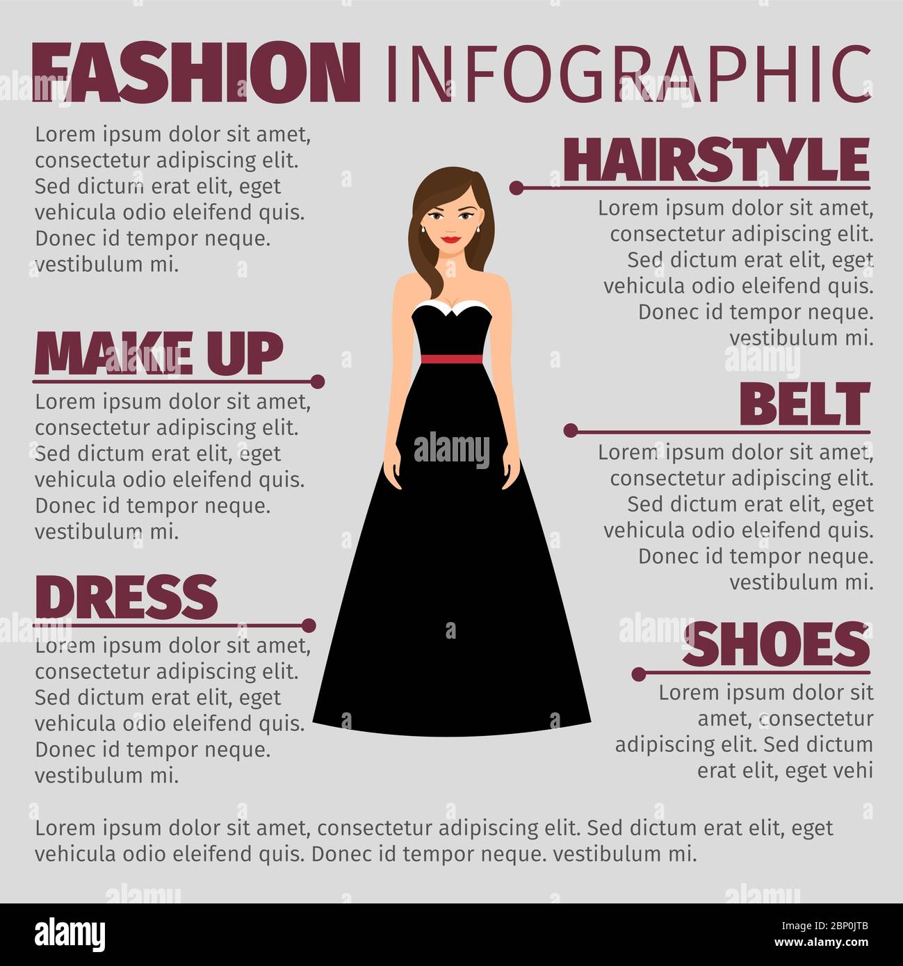 Mode Infografik mit Brünette in einem breiten schwarzen Kleid. Vektorgrafik Stock Vektor