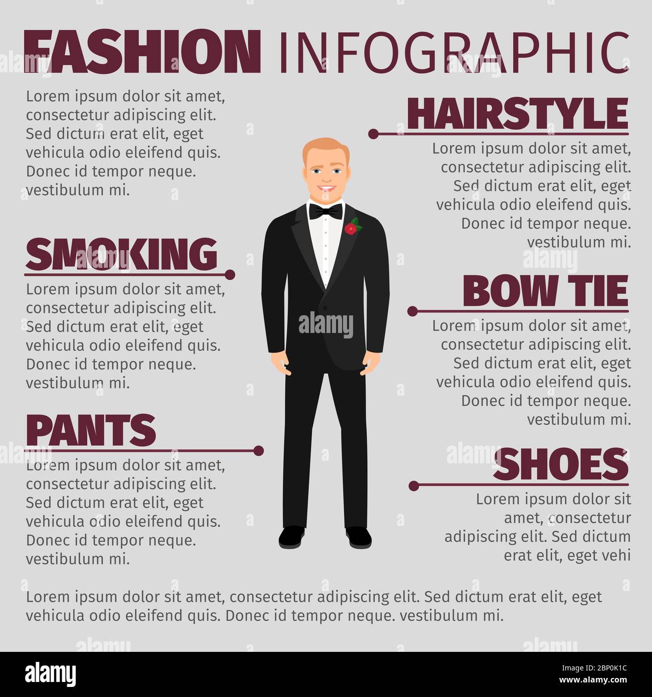 Mode Infografik mit lächelndem Mann in einem Hochzeitsanzug. Vektorgrafik Stock Vektor