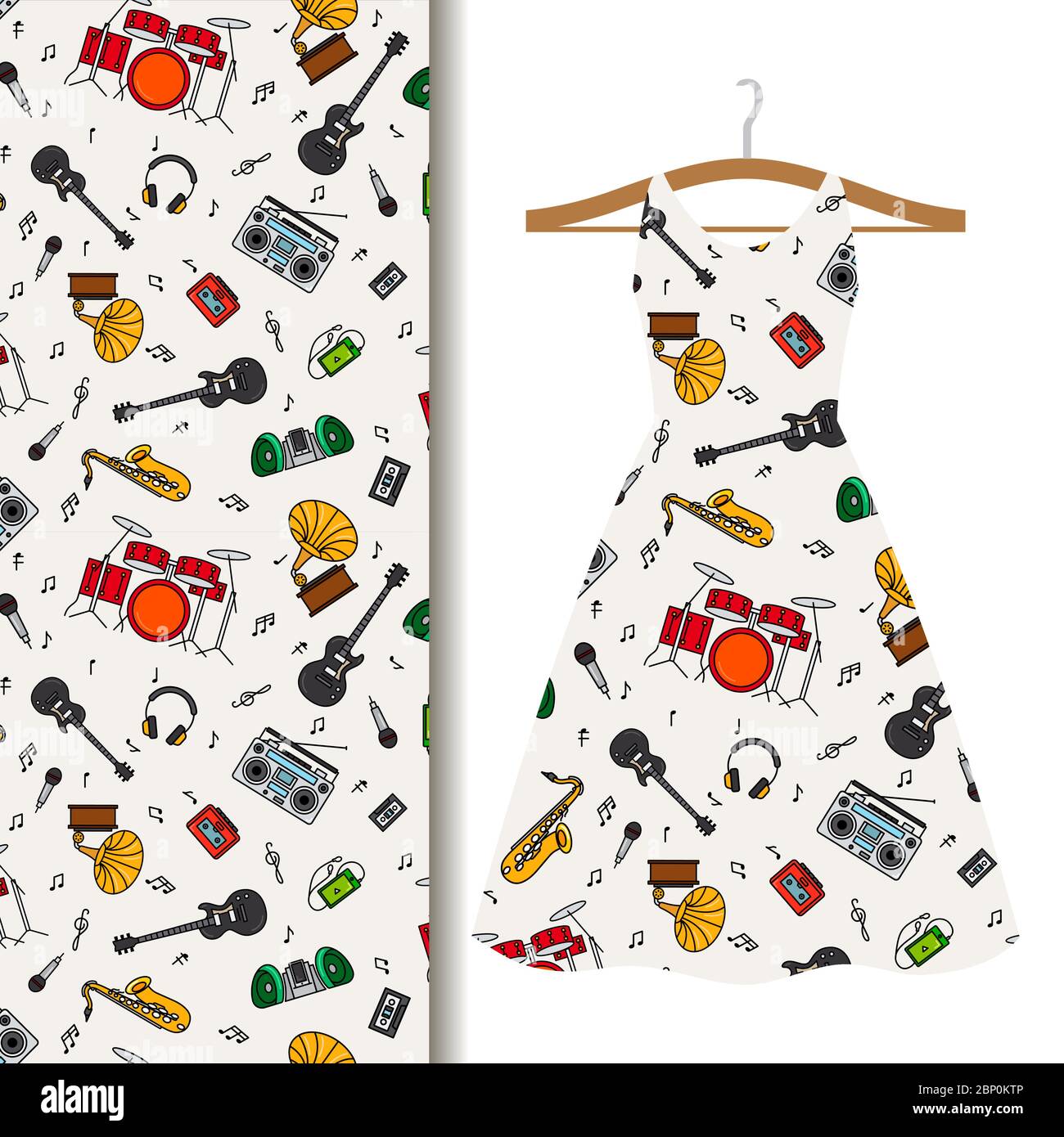 Frauen Kleid Stoffmuster Design auf einem Kleiderbügel mit Musikinstrument. Vektorgrafik Stock Vektor