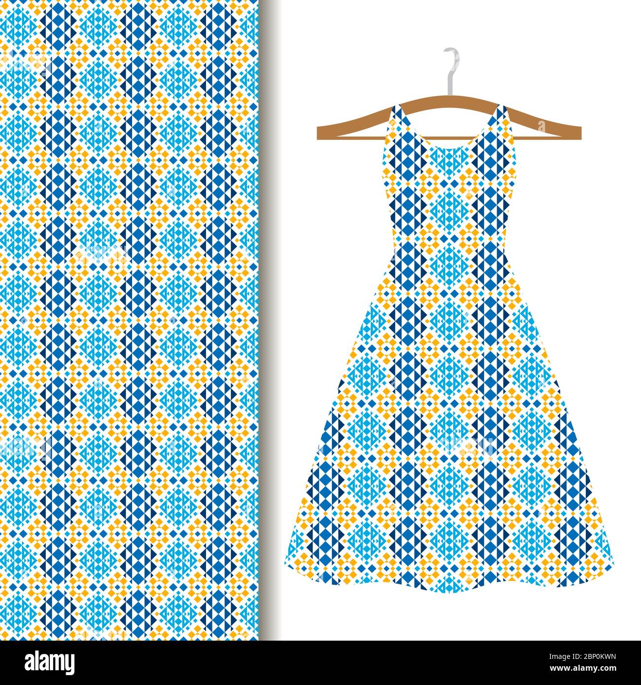 Frauen Kleid Stoffmuster Design auf einem Kleiderbügel mit blauen geometrischen Mosaik. Vektorgrafik Stock Vektor