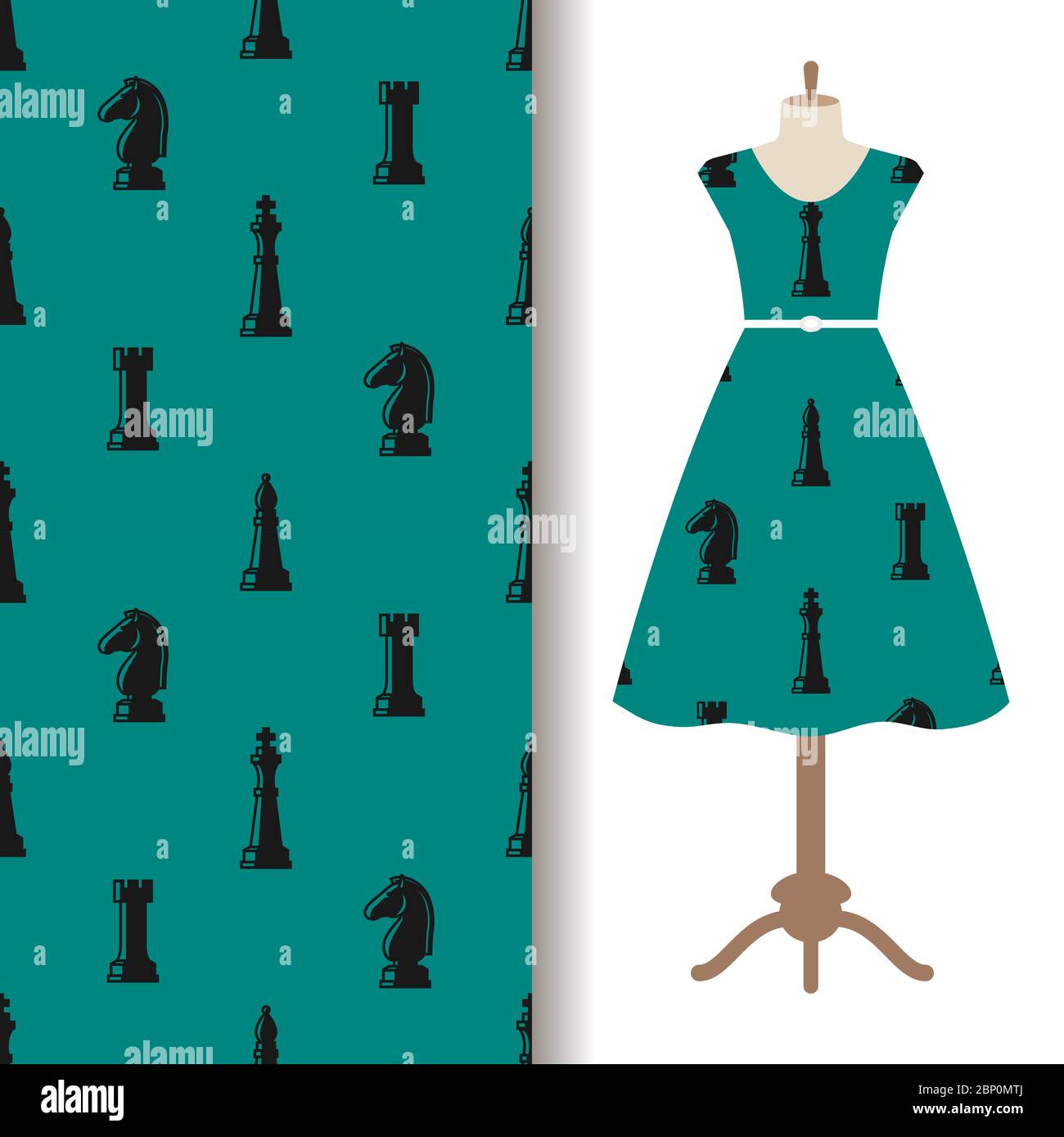 Frauen Kleid Stoffmuster Design mit Schachfiguren. Vektorgrafik Stock Vektor