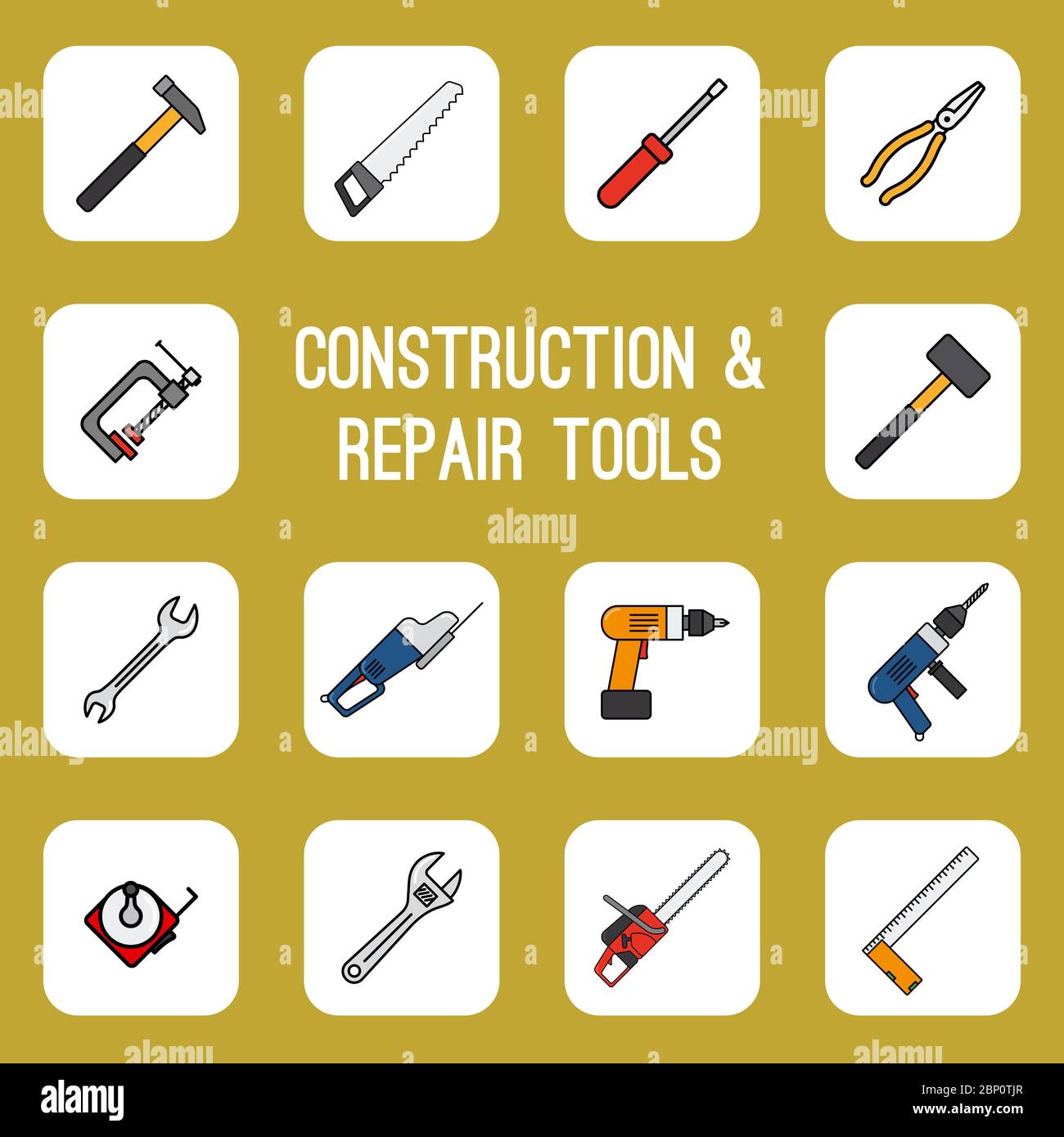Startseite diy Werkzeuge farbige Linie Symbole. Tischler Arbeiter Dienstprogramm Zeichen Vektor gesetzt Stock Vektor