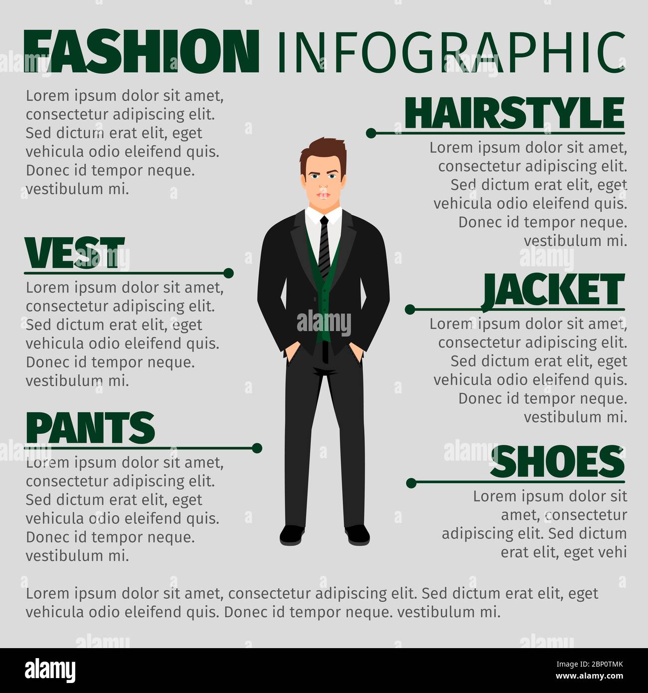 Mode Infografik mit Mann in einem Anzug und grüne Weste. Vektorgrafik Stock Vektor