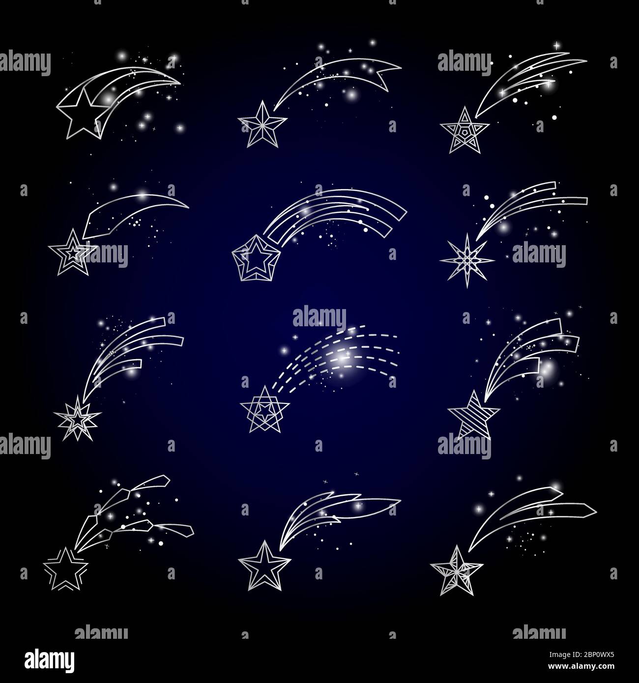 Vektor schießen Sterne lineare Symbole auf Sternenhimmel Hintergrund Stock Vektor