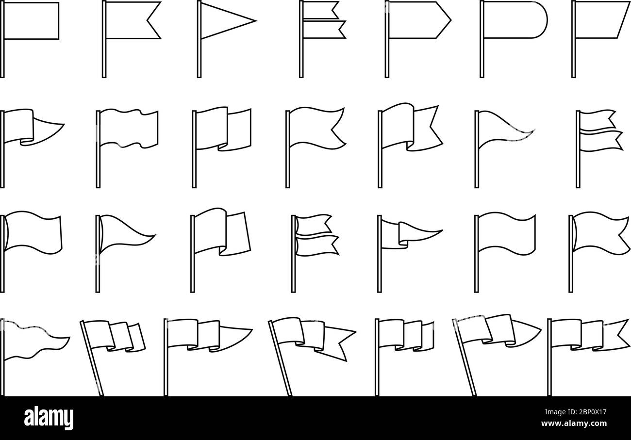 Lineare Piktogramme mit winkender Flagge. Vektorlinienmarkierungen Symbole isoliert auf weißem Hintergrund Stock Vektor