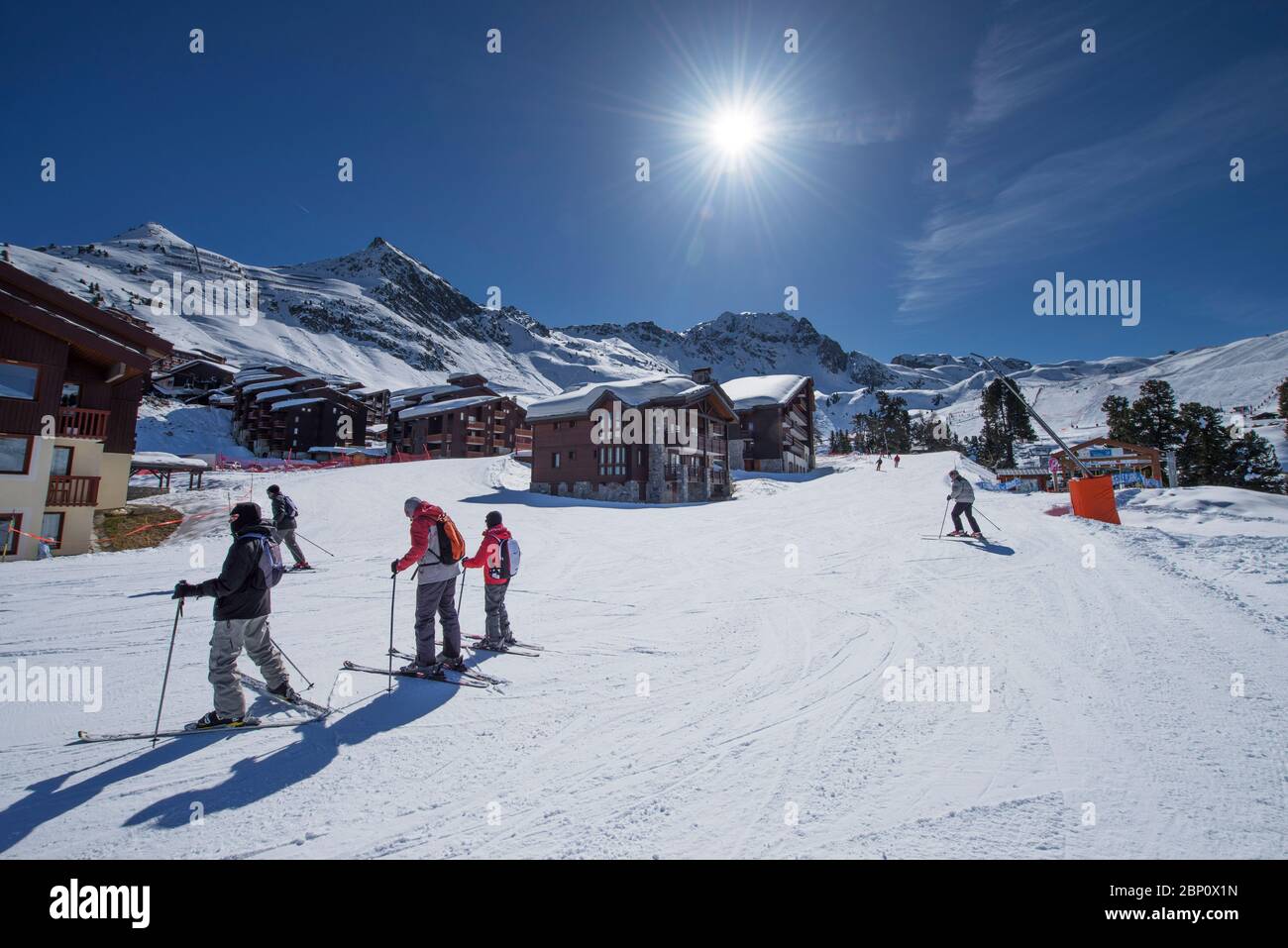 Perfekte Schneeverhältnisse im Skigebiet Belle Plagne in Savoie, Frankreich Stockfoto