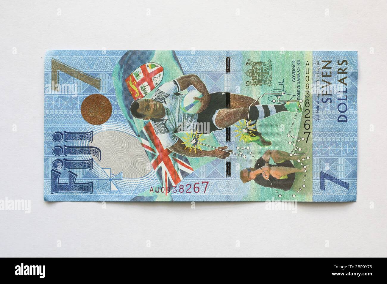 Fidschi 7 Dollar Banknote zum Rugby 7 Gold Medaille Sieg bei den Olympischen Sommerspielen 2016 in Rio, Fidschi, Südpazifik. Stockfoto