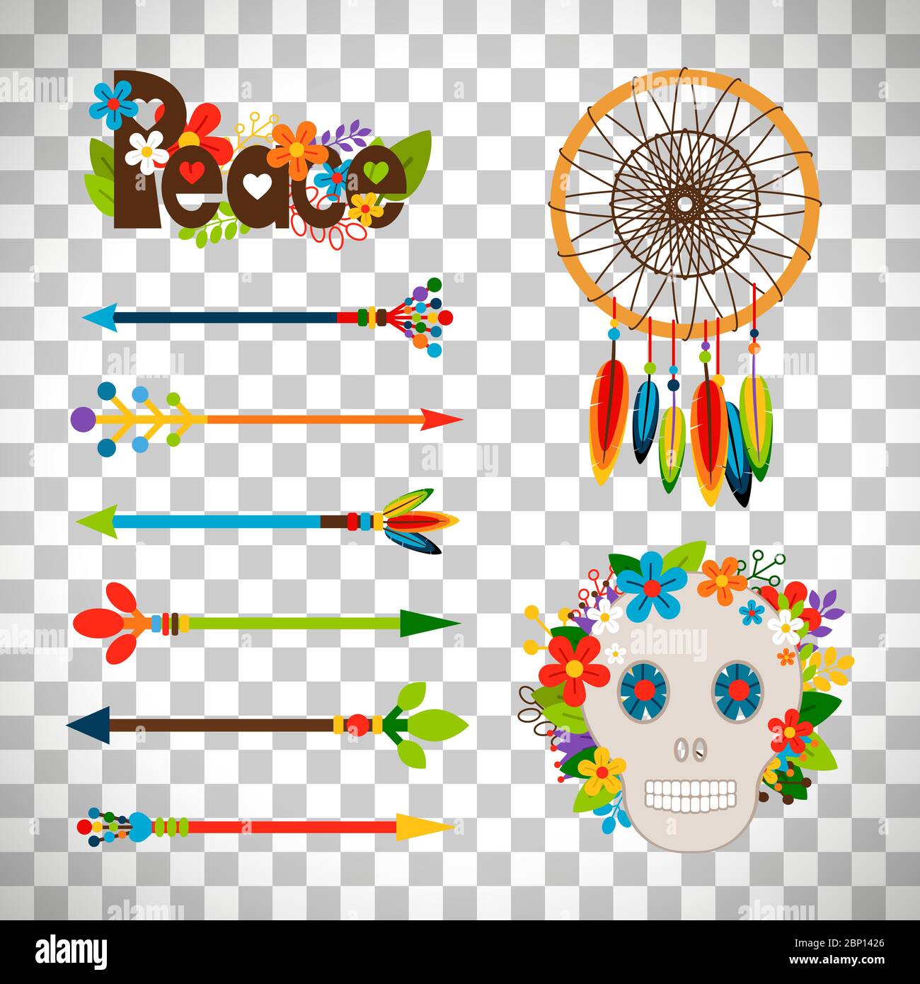 Hippie- oder Boho-Elemente. Vektor ethnischen Set mit Pfeilen und Totenkopf, floralen Frieden Muster und Traumfänger auf transparentem Hintergrund isoliert Stock Vektor