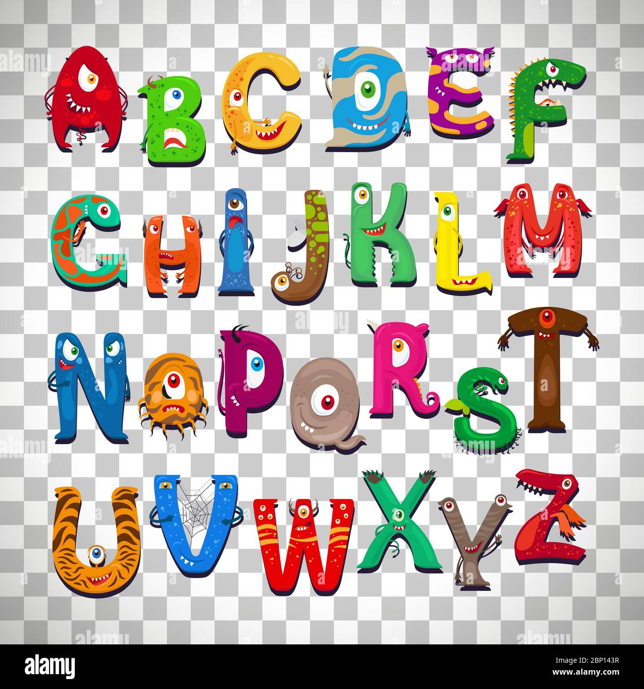 Monster Alphabet, Vektor lustige Monster Zeichen abc Vektor isoliert auf transparentem Hintergrund Stock Vektor