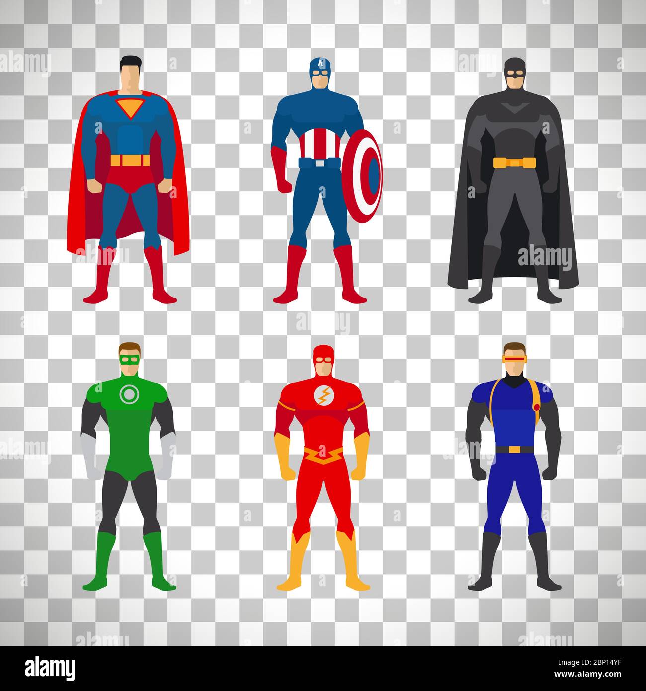 Superhelden-Kostüme. Vektor-Set von Kleidung für Superhelden isoliert auf transparentem Hintergrund Stock Vektor