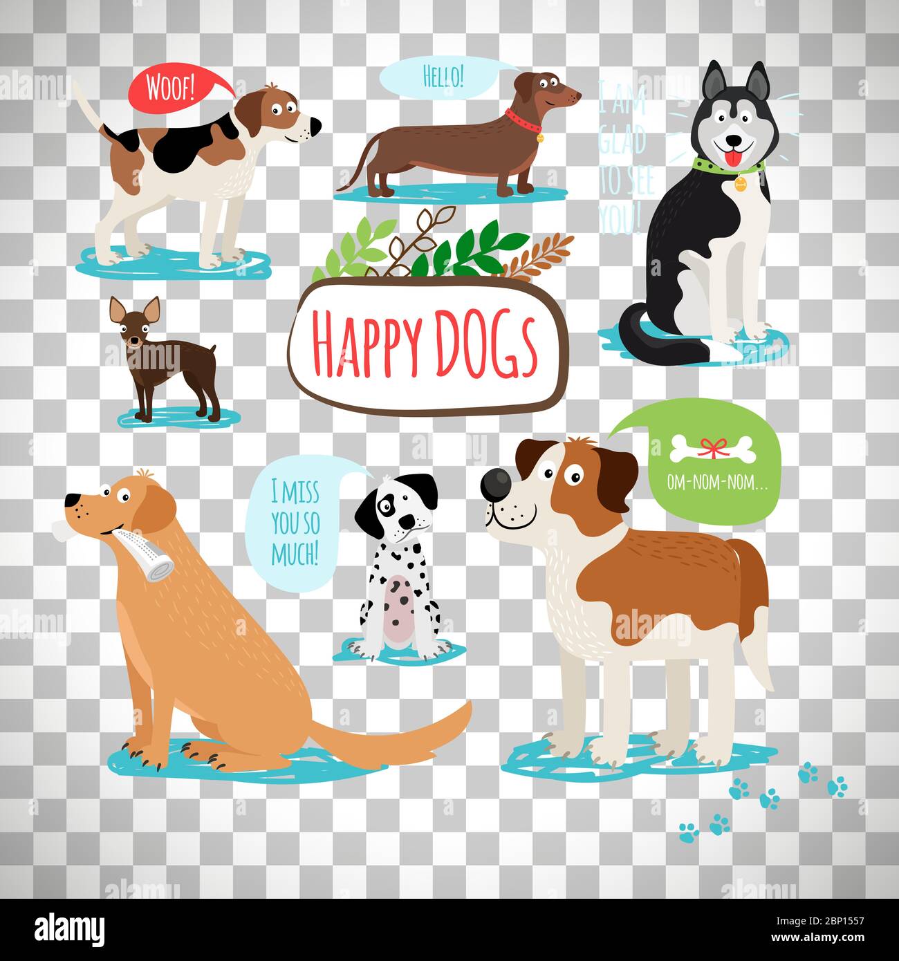 Vektor Cartoon Hund mit Sprechblasen auf transparentem Hintergrund isoliert Stock Vektor