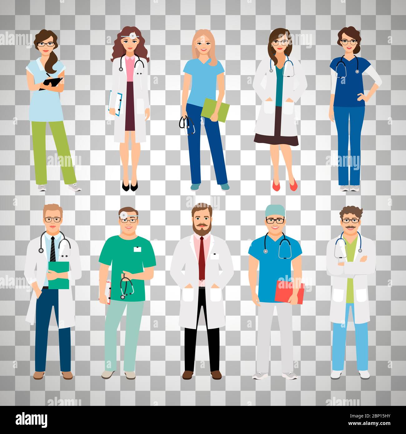 Medizinische Mitarbeiter im Gesundheitswesen isoliert auf transparentem Hintergrund. Lächelnde Ärzte und Krankenschwestern in Uniform für Projekte im Gesundheitswesen. Vektorgrafik Stock Vektor