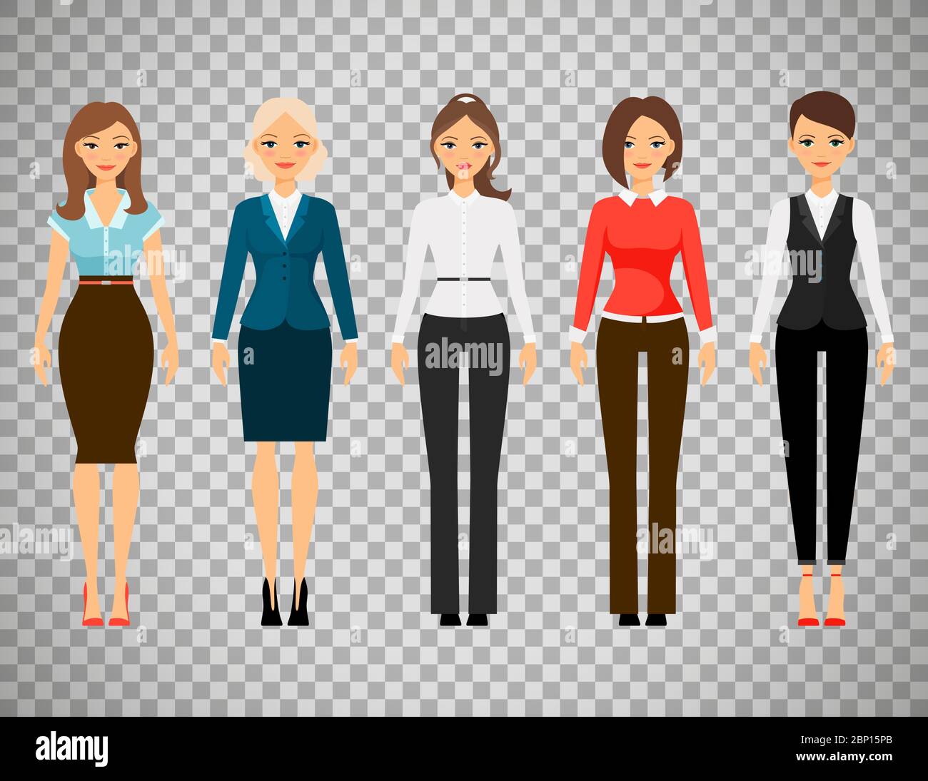Frauen im Büro Kleid Code Kleidung Symbole isoliert auf transparentem Hintergrund. Vektorgrafik Stock Vektor