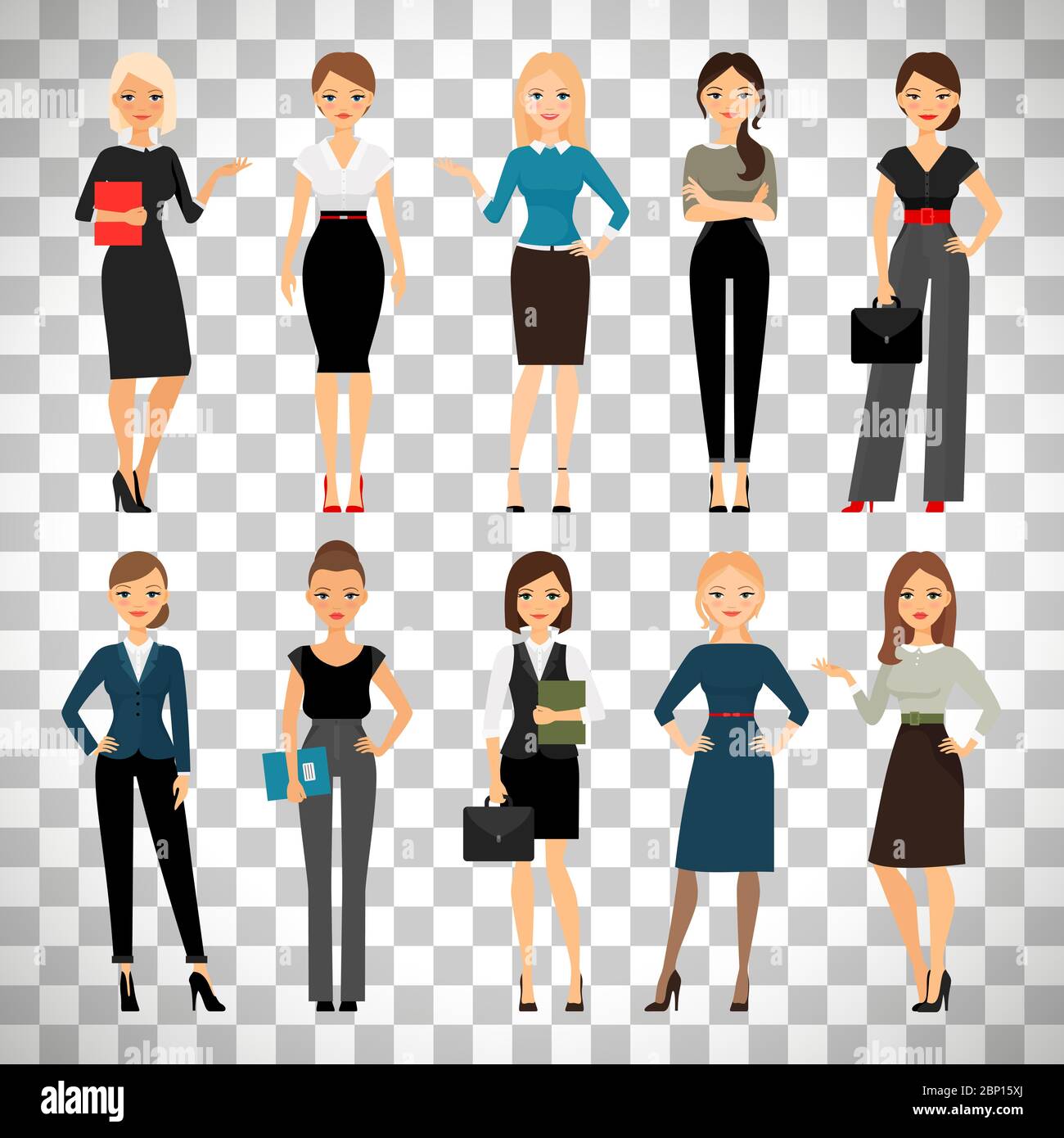Frauen in Bürokleidung. Schöne Frau in Business-Kleidung auf transparentem Hintergrund isoliert. Vektorgrafik Stock Vektor