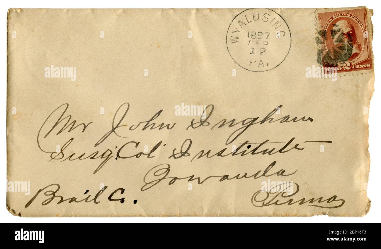 Wyalusing, Pennsylvania, USA - 12. September 1887: US-historischer Umschlag: Umschlag mit rotbrauner Briefmarke, zwei Cent George Washington Stockfoto
