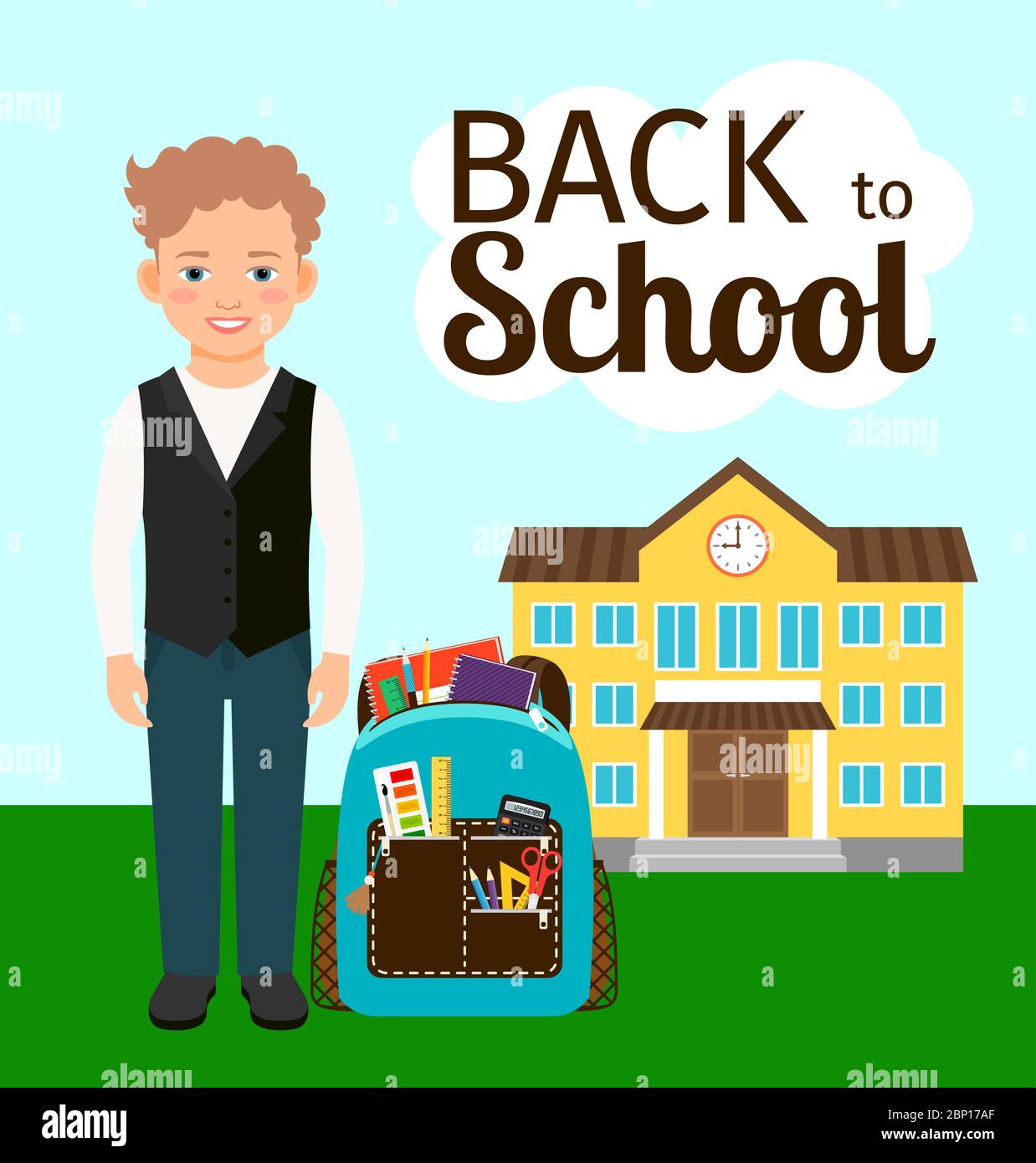 Kleiner Junge mit Rucksack vor der Schule Vektor-Illustration Stock Vektor