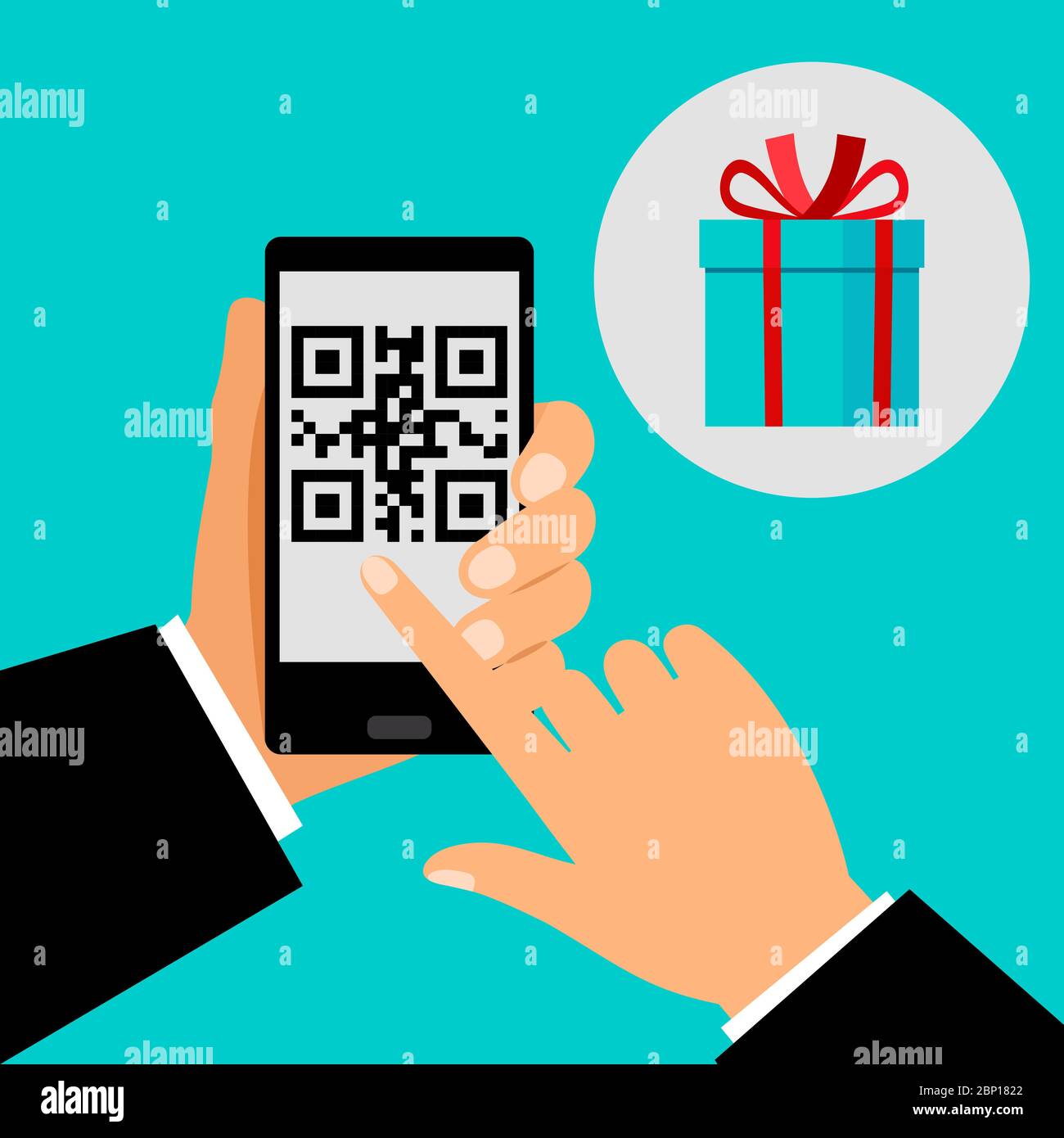 Hand halten Smartphone mit QR-Code auf dem Bildschirm und Geschenk, Vektor-Illustration Stock Vektor
