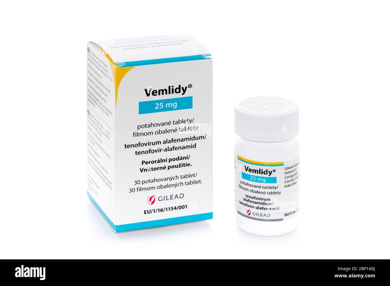 Isolierte Paket von Vemlidy Behandlung Stockfoto